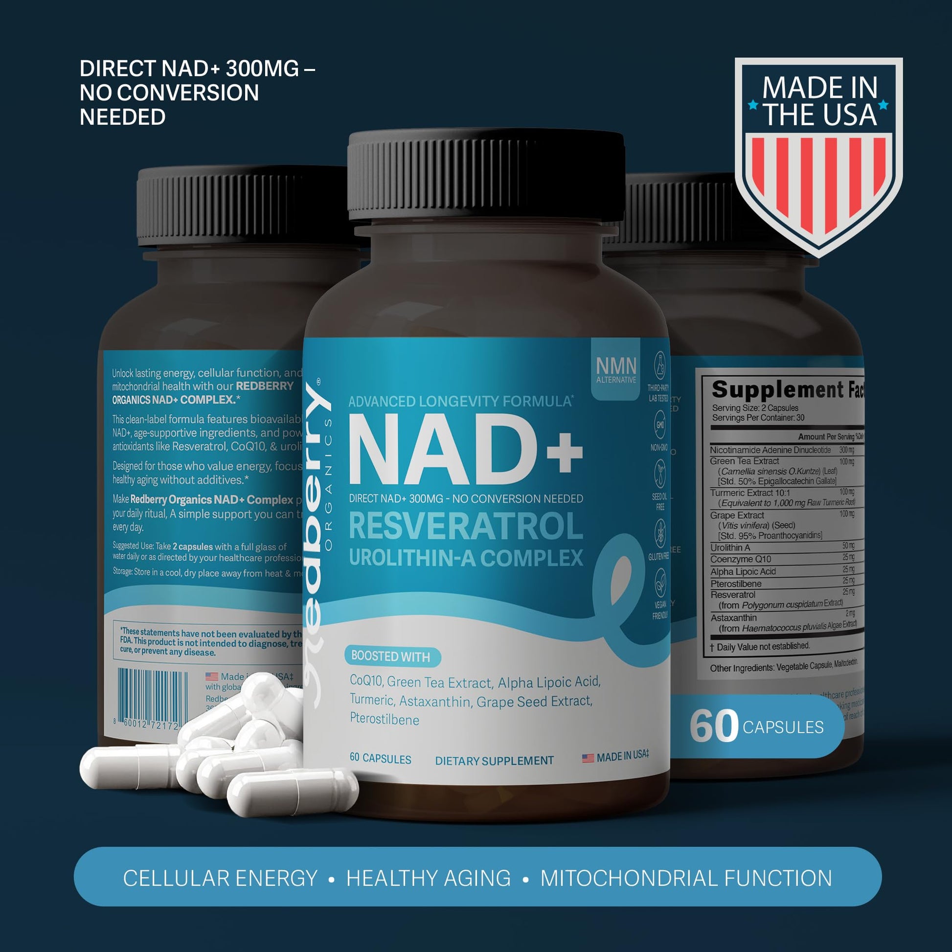 NAD Supplement with Direct NAD+ 300mg (NAD Plus) | Advanced Longevity Complex with Urolithin A & Resveratrol | NMN Alternative | 60 Capsules | Non-GMO, Gluten Free | Made in USA Redberry Organics buy supplements canada