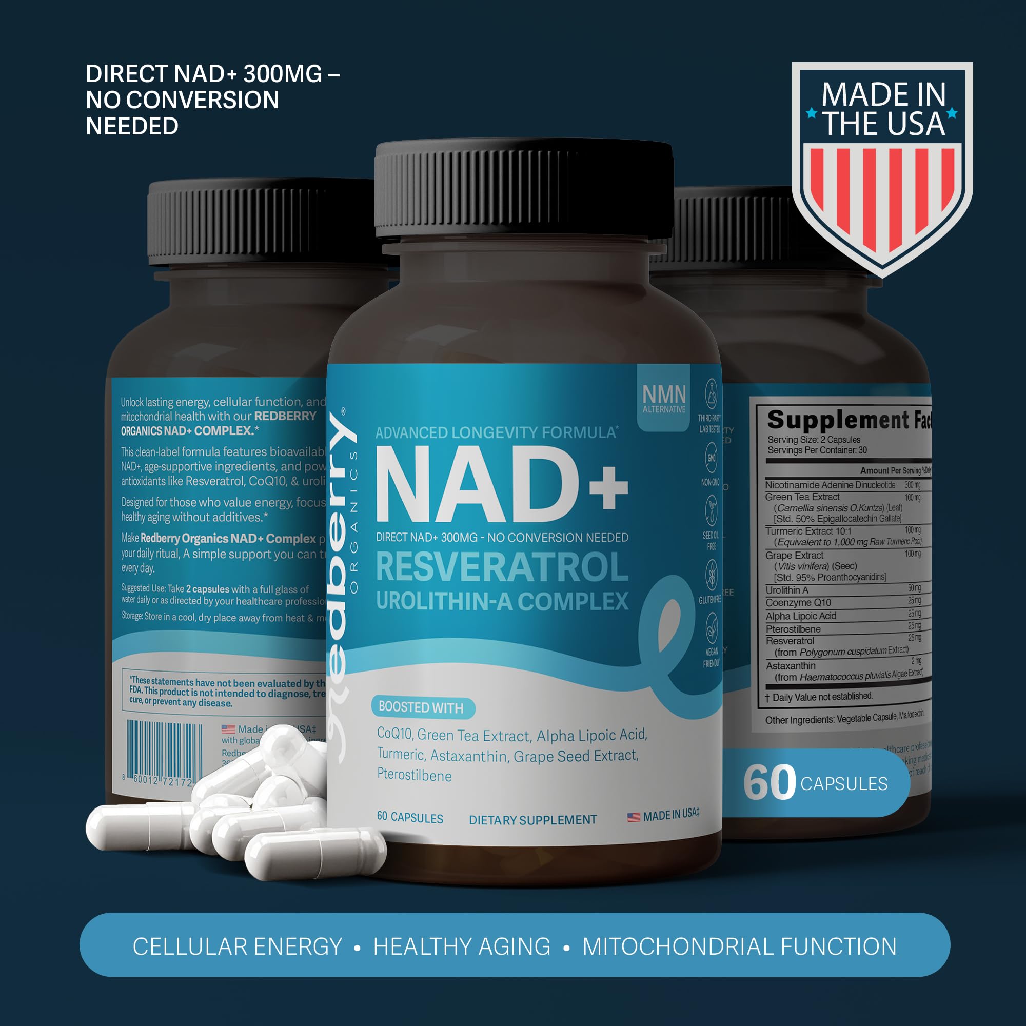 NAD Supplement with Direct NAD+ 300mg (NAD Plus) | Advanced Longevity Complex with Urolithin A & Resveratrol | NMN Alternative | 60 Capsules | Non-GMO, Gluten Free | Made in USA Redberry Organics buy supplements canada