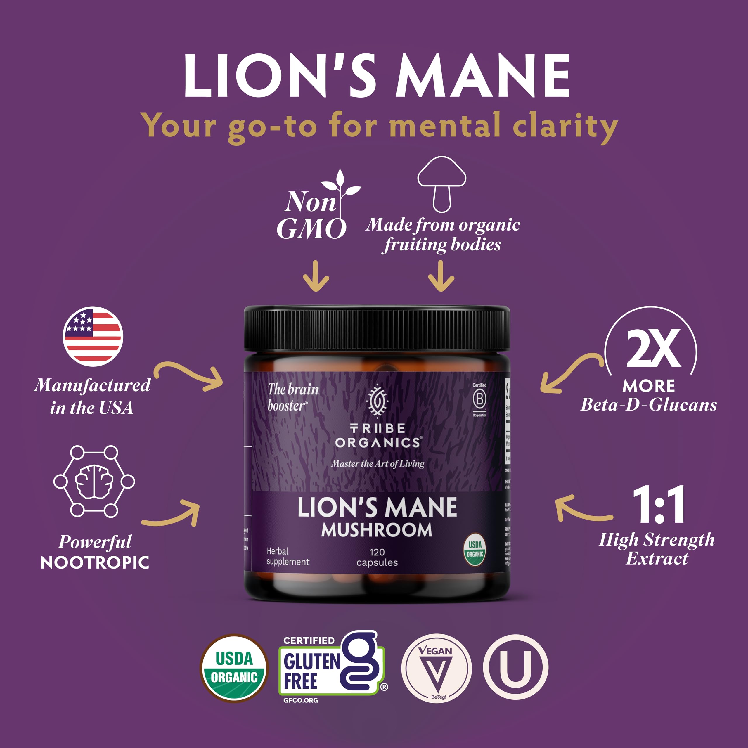 TRIBE ORGANICS Lion’s Mane Supplement 1000mg Mushroom Extract Powder - Immune System Booster & Brain Nootropic for Focus and Memory | Mental Clarity | Natural Energy and Immunity - 120 Vegan Capsules TRIBE ORGANICS buy supplements canada