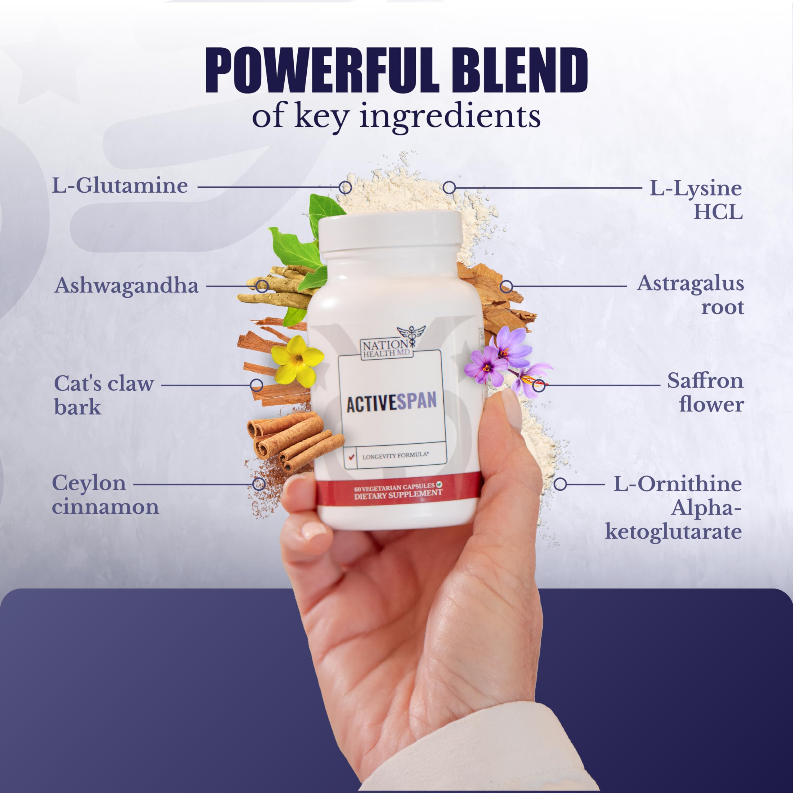 NATION HEALTH MD ActiveSpan - Longevity Supplement for Anti Aging - with Ashwagandha Extract, Astragalus, Cat's Claw, Ceylon Cinnamon, L-Lysine, L-Glutamine & More - 60 Capsules NATION HEALTH MD buy supplements canada