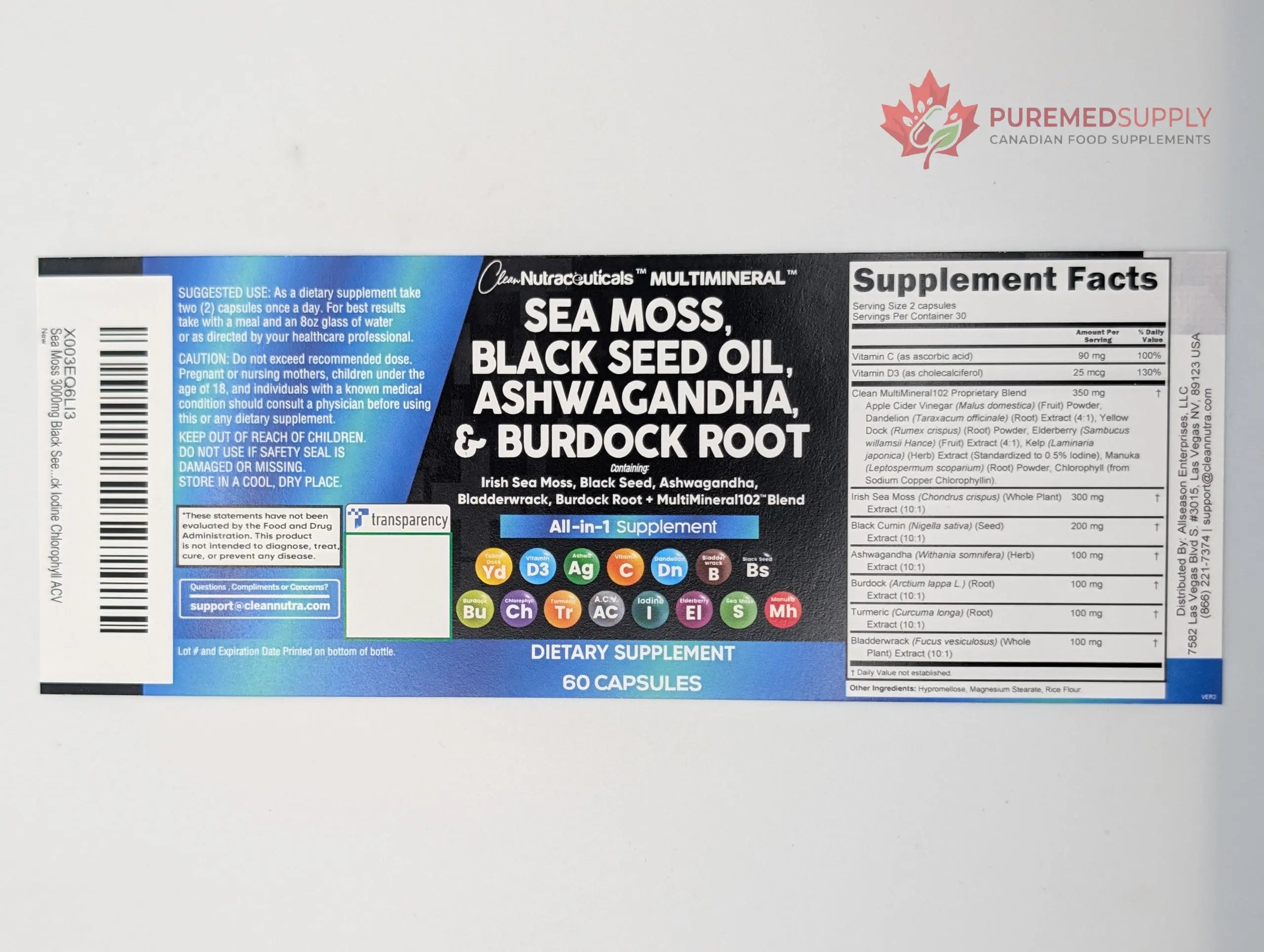 Sea Moss Black Seed Oil Ashwagandha Turmeric Bladderwrack Burdock & Vitamin C Vitamin D3 with Elderberry Manuka Dandelion Yellow Dock Iodine Chlorophyll ACV - 5Pack Clean Nutraceuticals buy supplements canada