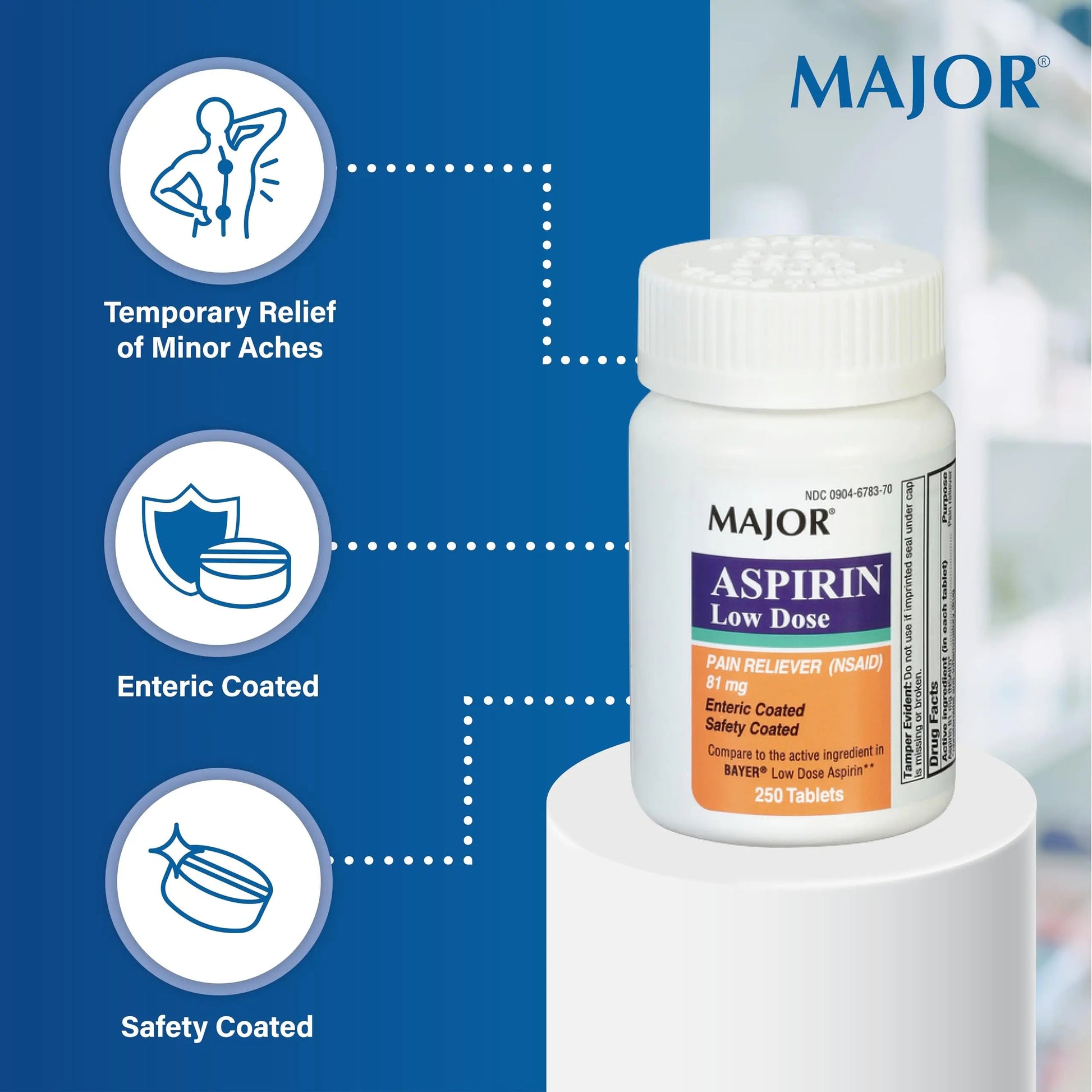 MAJOR Aspirin Low Dose 81 Mg - Pain Reliever (NSAID) - Enteric Coated - 250 Tablets MAJOR buy supplements canada