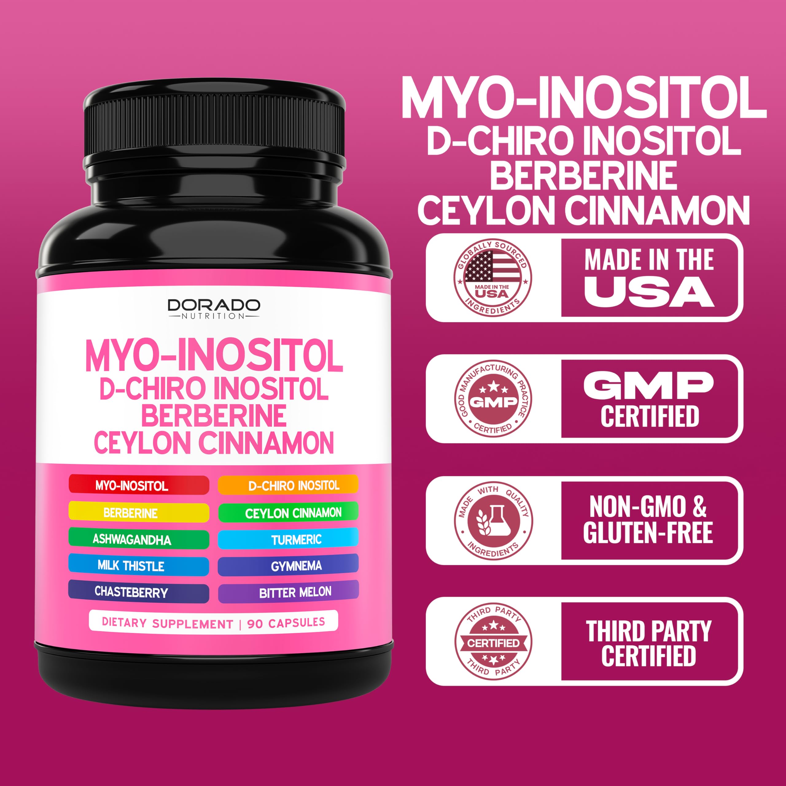 Myo-Inositol & D-Chiro Inositol Supplement For Women (90 Capsules, 40:1 Ratio Myo Inositol) Hormone Balance for Women - 10 in 1 Formula - Third Party Tested, Vegan Safe & USA Made - (90 Count) DORADO NUTRITION buy supplements canada