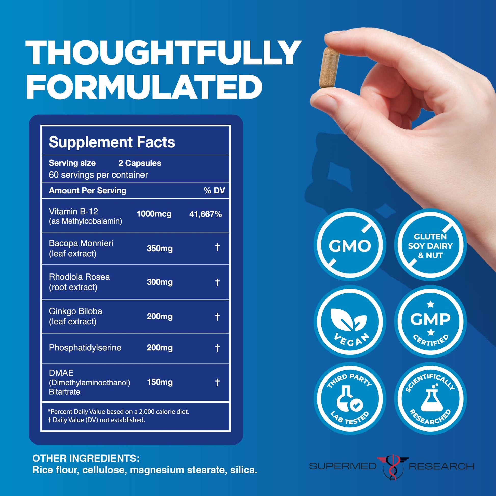 Supermed Research Mental Clarity & Focus Supplement with Bacopa, Rhodiola, Ginkgo Biloba, Huperzine, Vitamin B12, DMAE – Vegan Nootropic Brain Supplement for Memory and Brain Health (120 Capsules) Supermed Research buy supplements canada