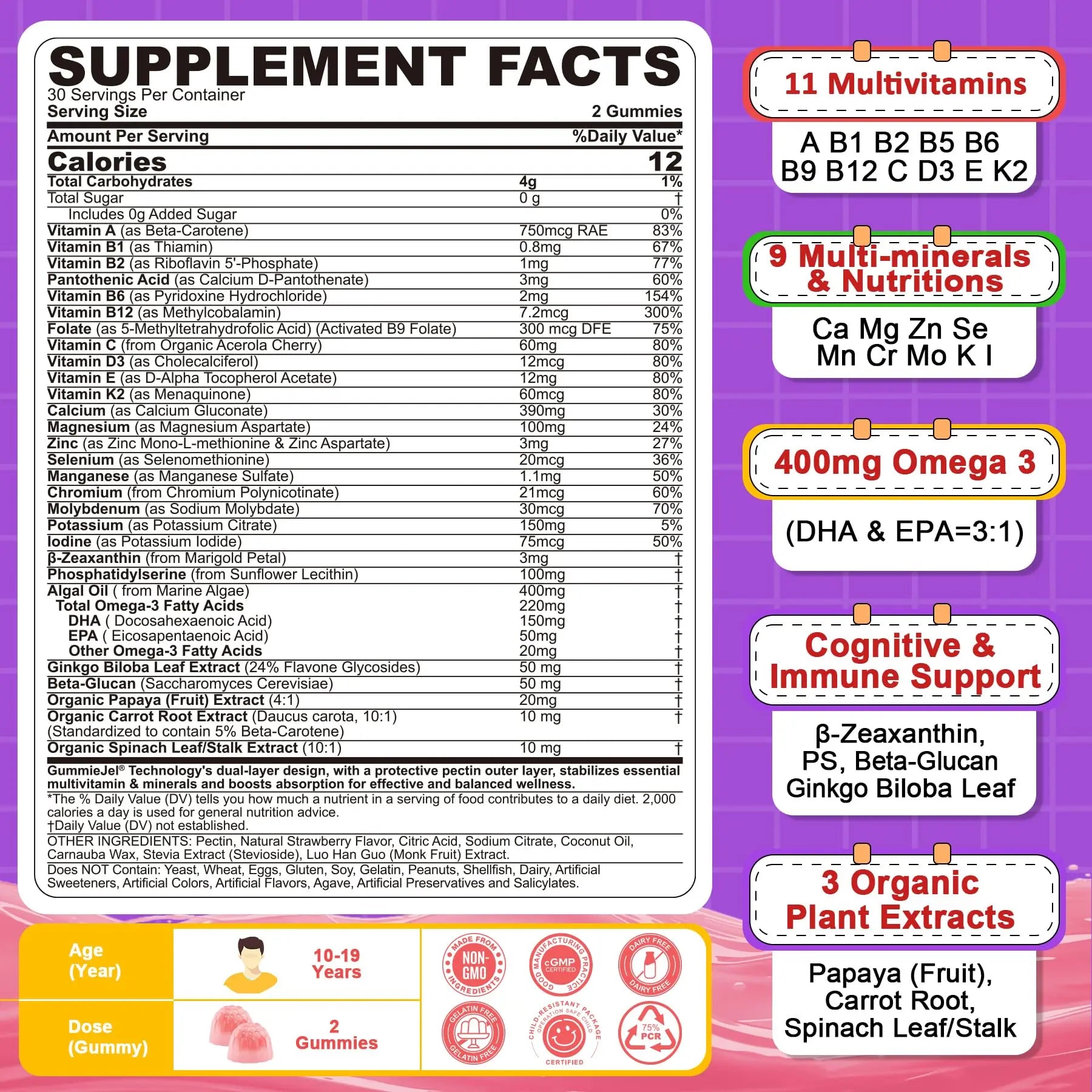 Nextdia Multivitamin Filled Gummies for Teen Boys Girls 12-17, 18, 19, Kids 10+ Multivitamin with Omega 3, Calcium + Magnesium + Zinc, Multi-Minerals Nextdia buy supplements canada