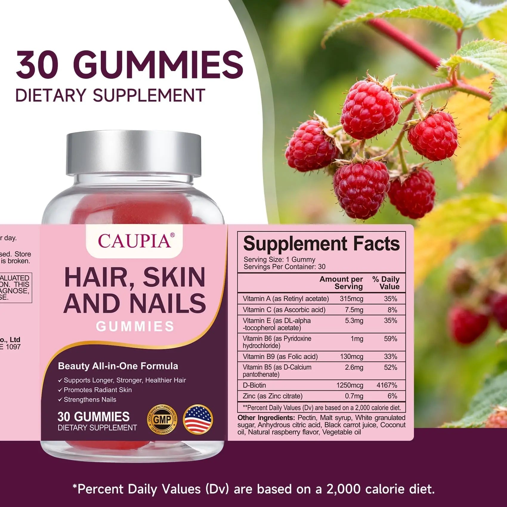 CAUPIA Hair Skin and Nails Gummies, All-in-One Advanced Formula Supports Hair Growth - Skin Health & Nail Strength - 30 Gummies CAUPIA buy supplements canada