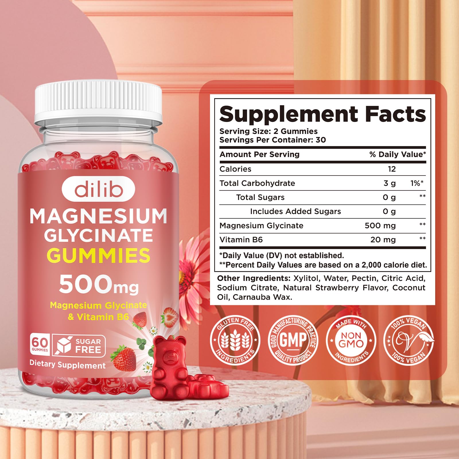 Magnesium Glycinate Gummies 500mg - Magnesium Supplement with Vitamin B6 for Adults & Magnesium for Kids - Calm Magnesium for Sleep, Mood, Muscle Support - Strawberry Flavor, 60 Gummies dilib buy supplements canada