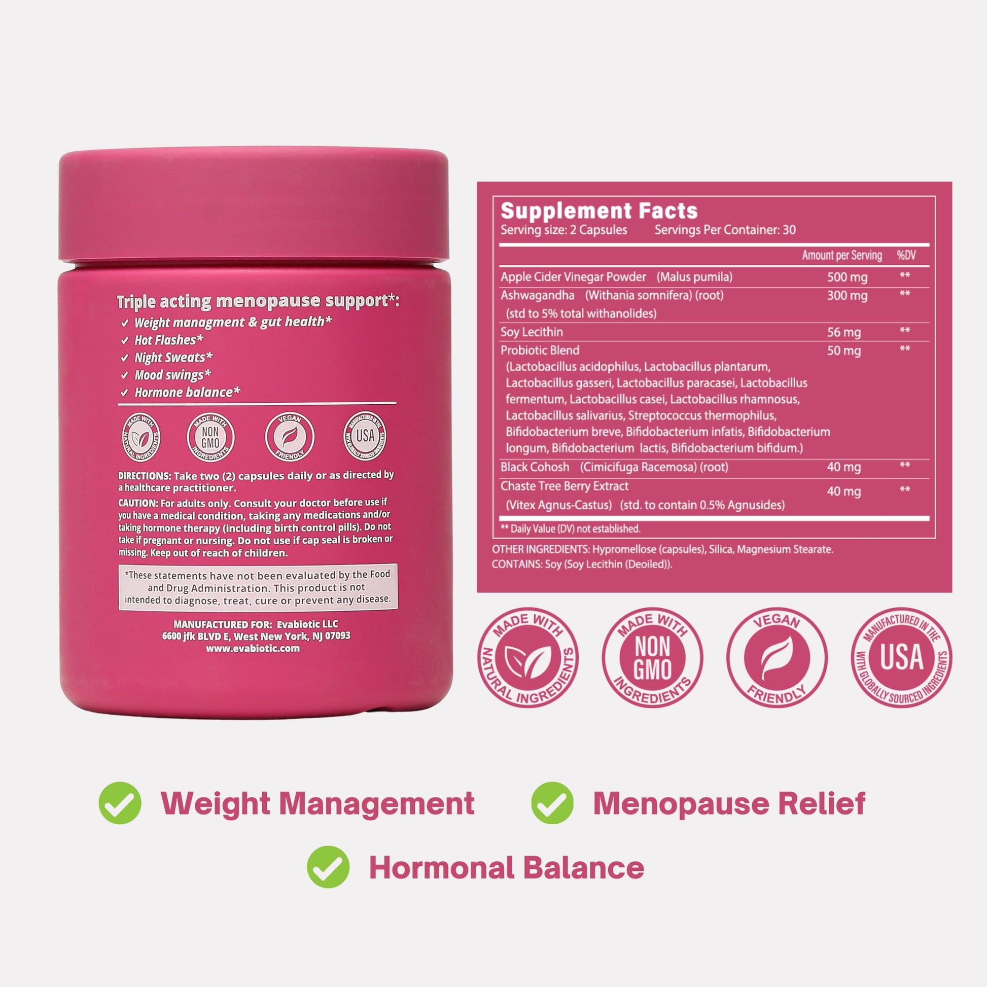Complete Menopause Vitamins - Ashwaghanda, Probiotics, ACV for Weight Management, Hot Flashes, Night Sweats, Bloat, Hormone Balance - Vegan 60 Caps Menopause Supplements for Women Non-GMO EVABIOTIC buy supplements canada