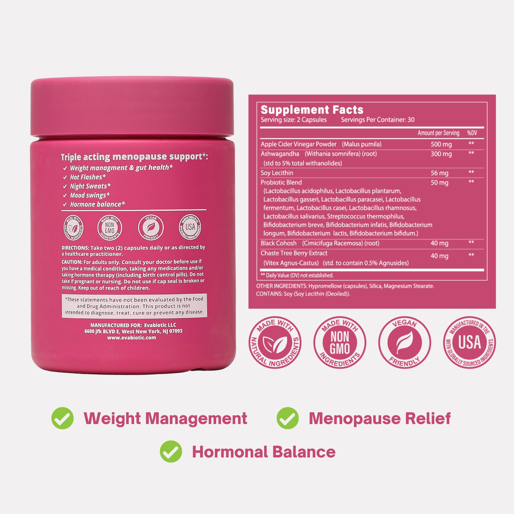 Complete Menopause Vitamins - Ashwaghanda, Probiotics, ACV for Weight Management, Hot Flashes, Night Sweats, Bloat, Hormone Balance - Vegan 60 Caps Menopause Supplements for Women Non-GMO EVABIOTIC buy supplements canada