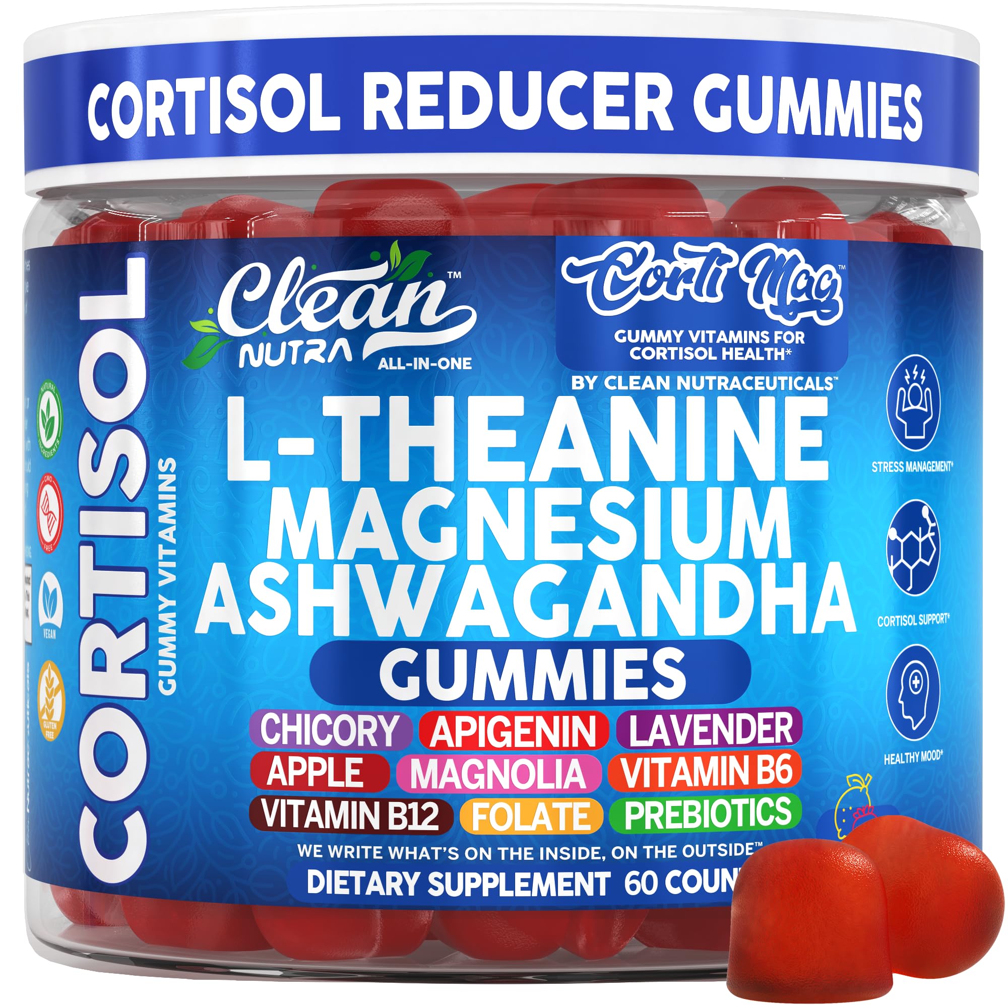 Clean Nutra Cortisol Supplement Gummies L-Theanine Magnesium Ashwagandha Apigenin Vitamin B6 Sleep and Calm Support Lavender Chicory Prebiotic Advanced Gummy Formula Clean Nutraceuticals buy supplements canada