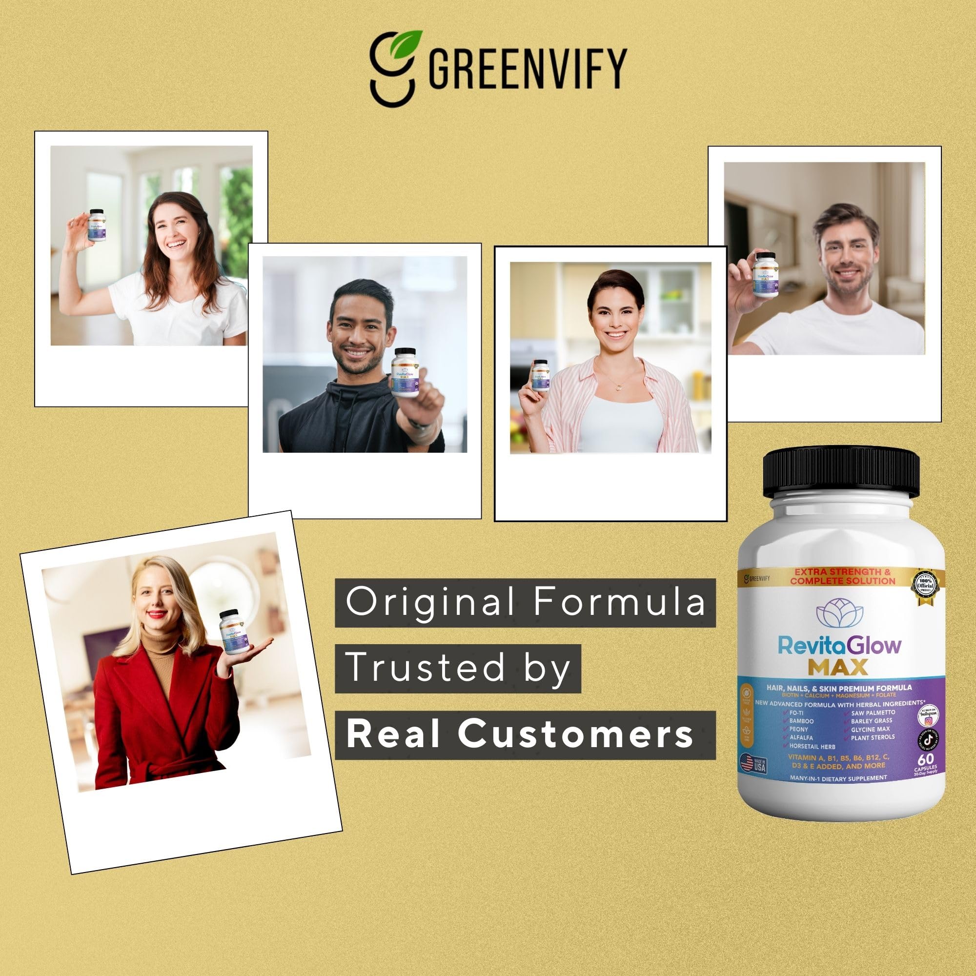GREENVIFY RevitaGlow Max Hair, Nails & Skin Premium Formula, 60 Capsules, 30-Day Supply, with Biotin, Vitamins A, B1, B5, B6, B12, C, D3, E (1) GREENVIFY buy supplements canada