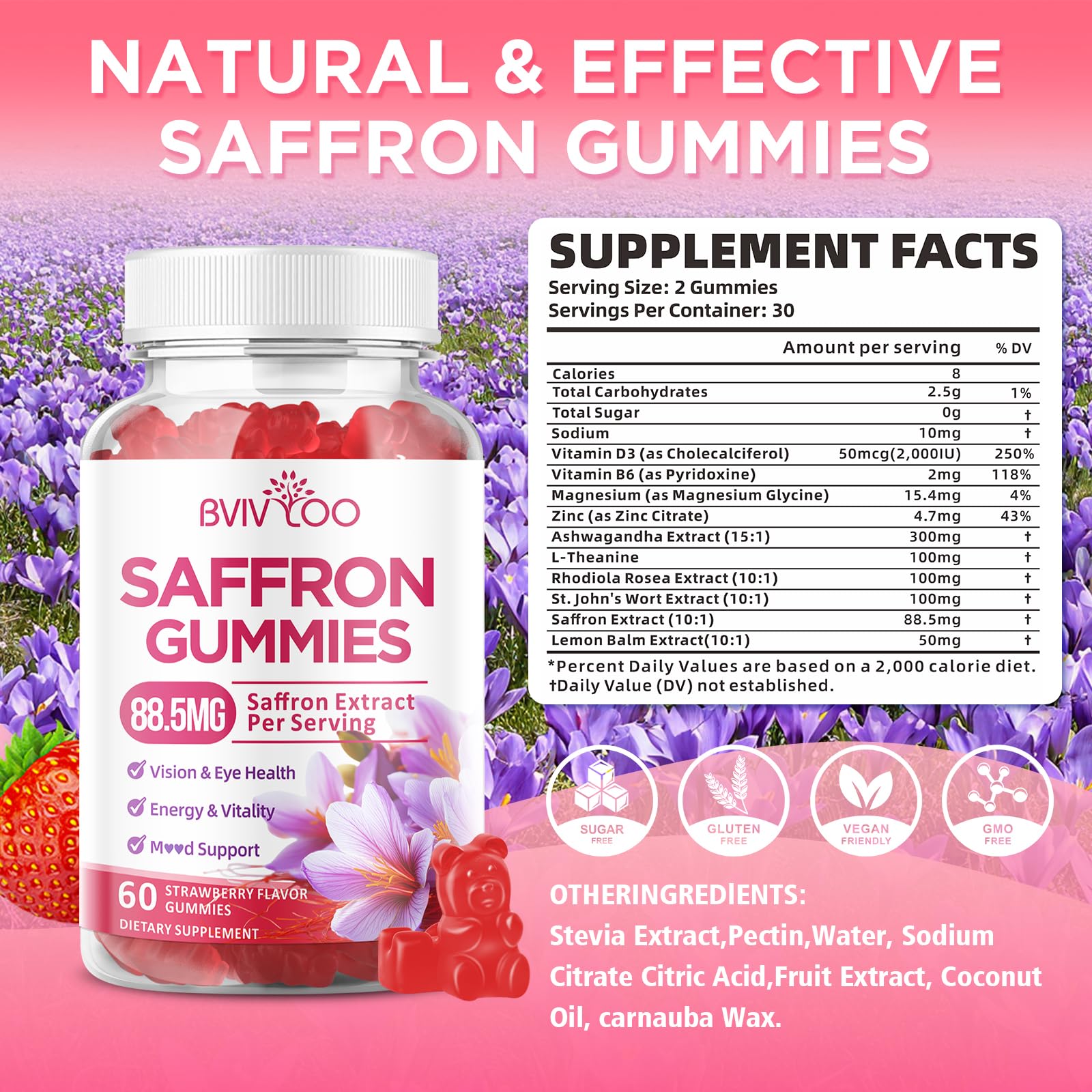Saffron Gummies for Adult Kids, 10-IN-1 Formula with Saffron 88.5mg, Vitamins D3 & B6, Magnesium, Zinc, Ashwagandha, L-Theanine, St. John's Wort - Supports Mood & Focus, Strawberry Flavor, 60 Count BVIVLOO buy supplements canada