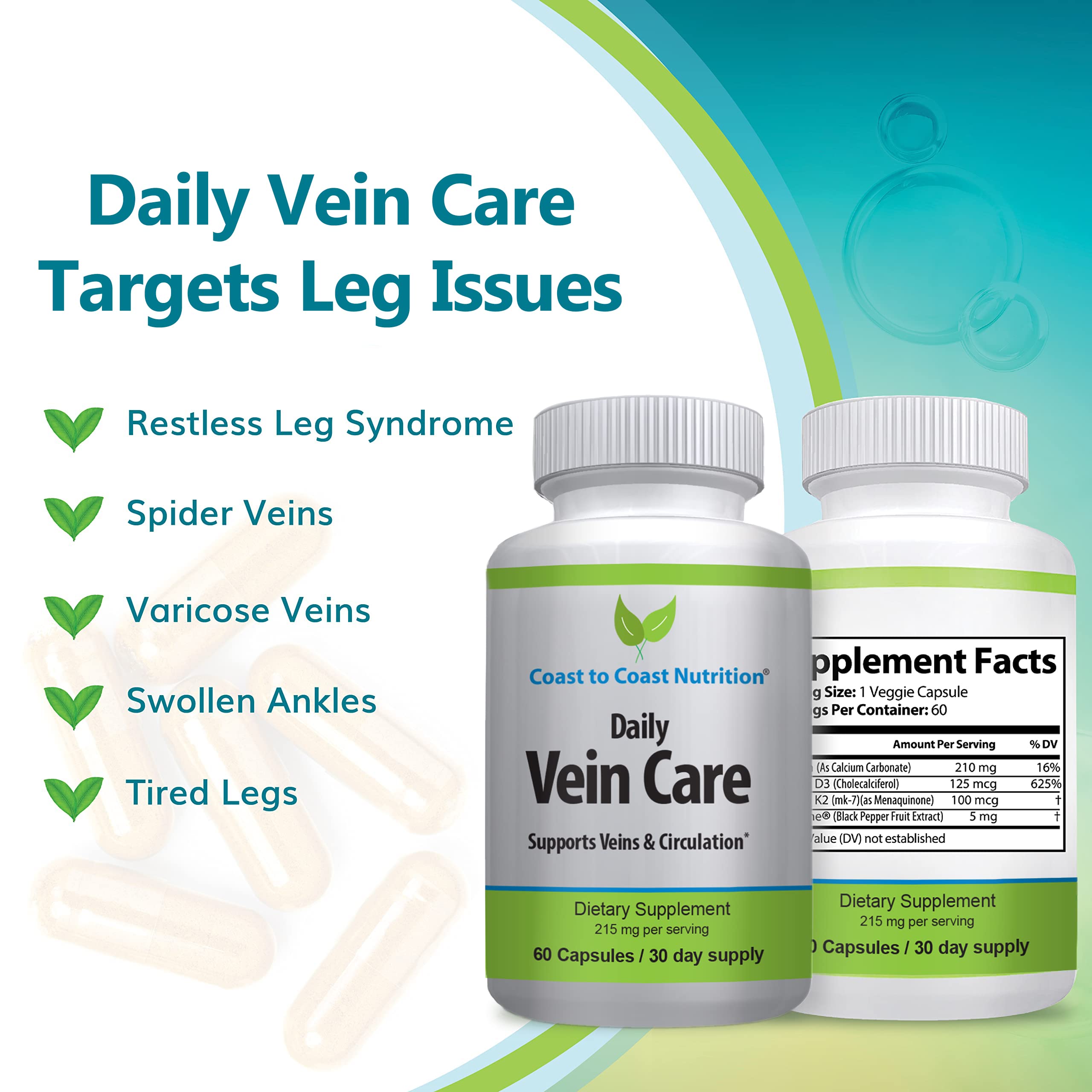 Coast to Coast Nutrition Daily Vein Care Supplement Capsules — Circulation Formula with a Natural Blend of Calcium, Vitamin D3, Vitamin K2 Plus BioPerine for Max Absorption Vein Formula — 60 Capsules Coast to Coast Nutrition buy supplements canada