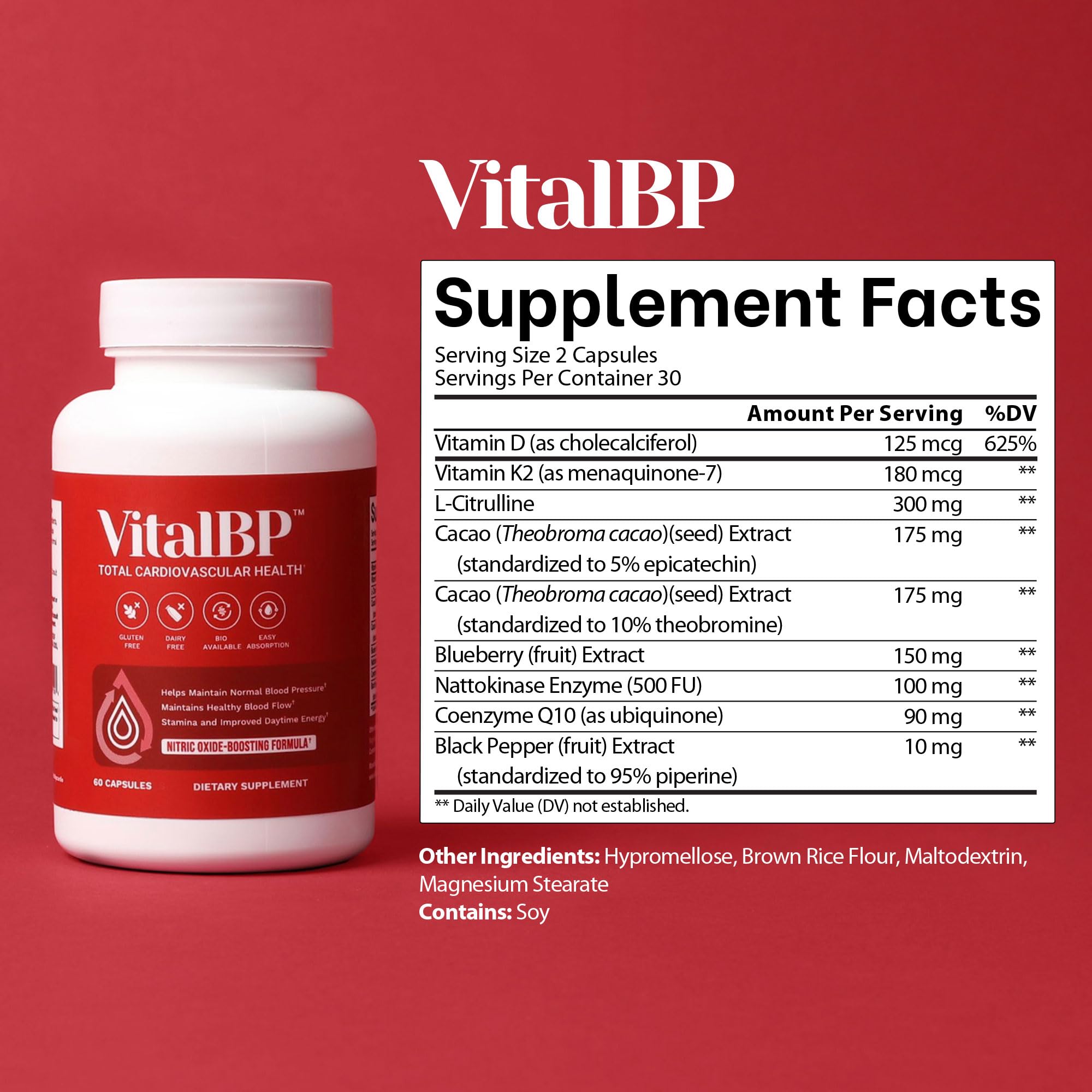 Vital BP - Support for Normal Blood Pressure - Supports Blood Flow & Arteries - with CoQ10, L-Citrulline, and K2 & D3-60 Capsules VitalBP buy supplements canada