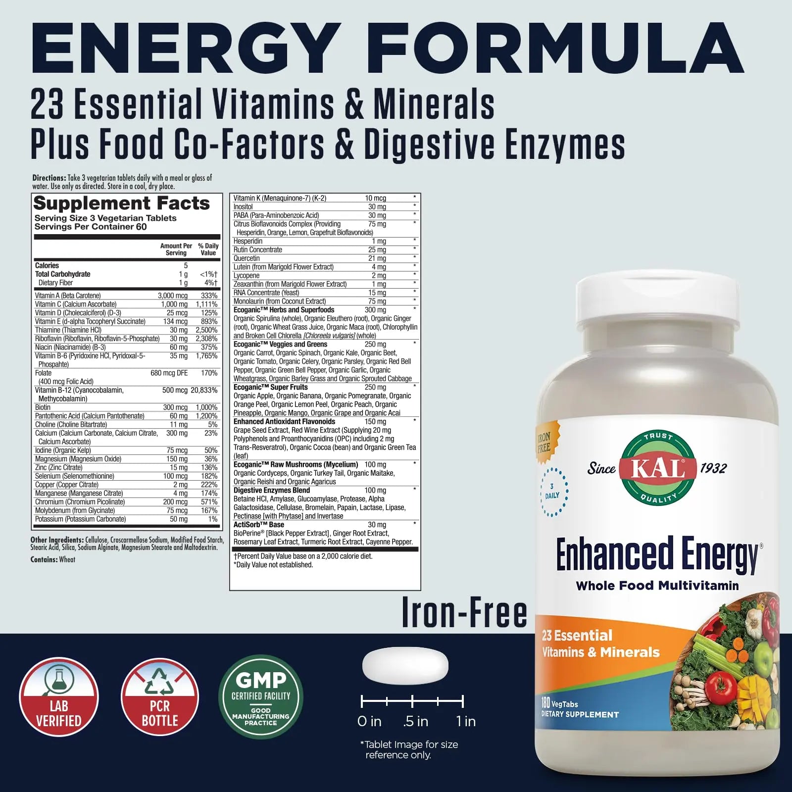 KAL® Enhanced Energy Multivitamin | Whole Food Based Vitamins & Minerals w/ Antioxidants, Digestive Enzymes & Natural Carotenoids | 180 Capsules KAL buy supplements canada