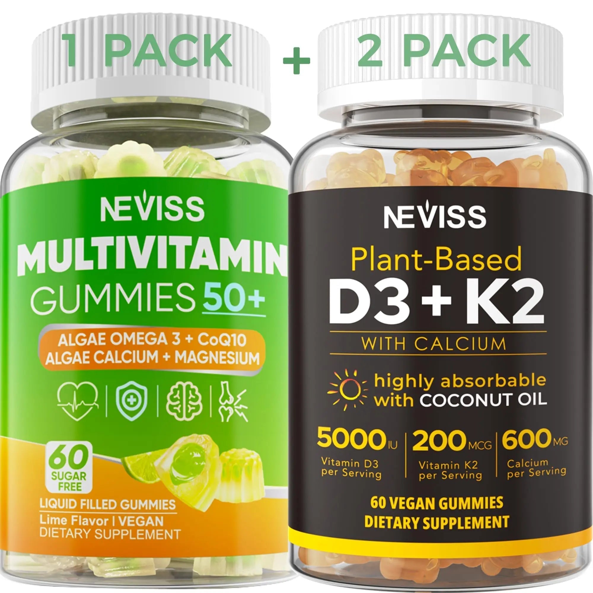 NEVISS 50+ Daily Gummy Multivitamin Algae Omega 3 & Calcium, CoQ10, Magnesium + Vitamin D3 5000IU Gummies 125mcg with Calcium 600mg, K2(MK7) 200mcg NEVISS buy supplements canada