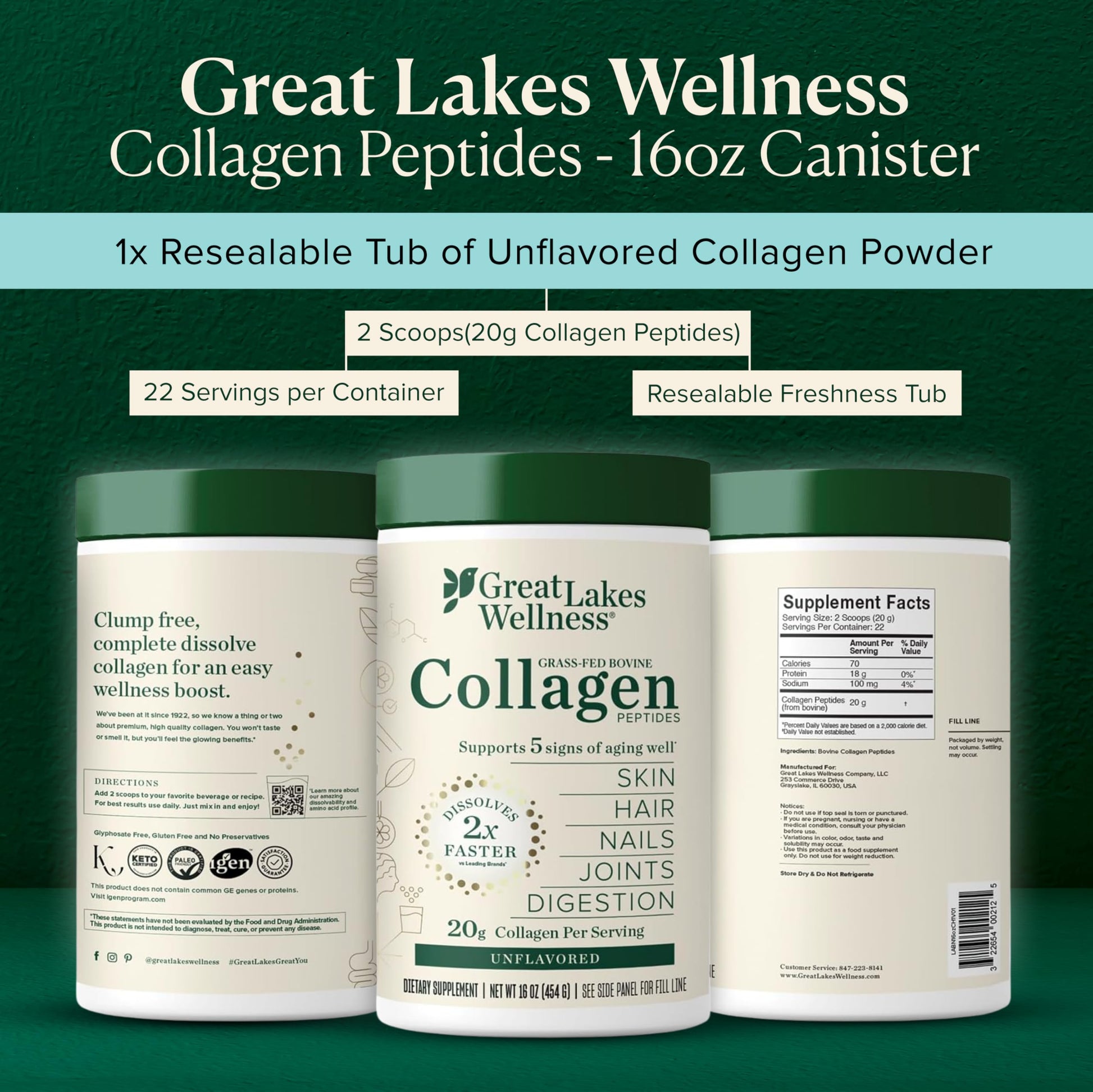 Great Lakes Wellness Collagen Peptides Powder – Supports Skin, Hair, Nails, Joints & Digestion – Hydrolyzed, Quick Dissolve Great Lakes Wellness buy supplements canada