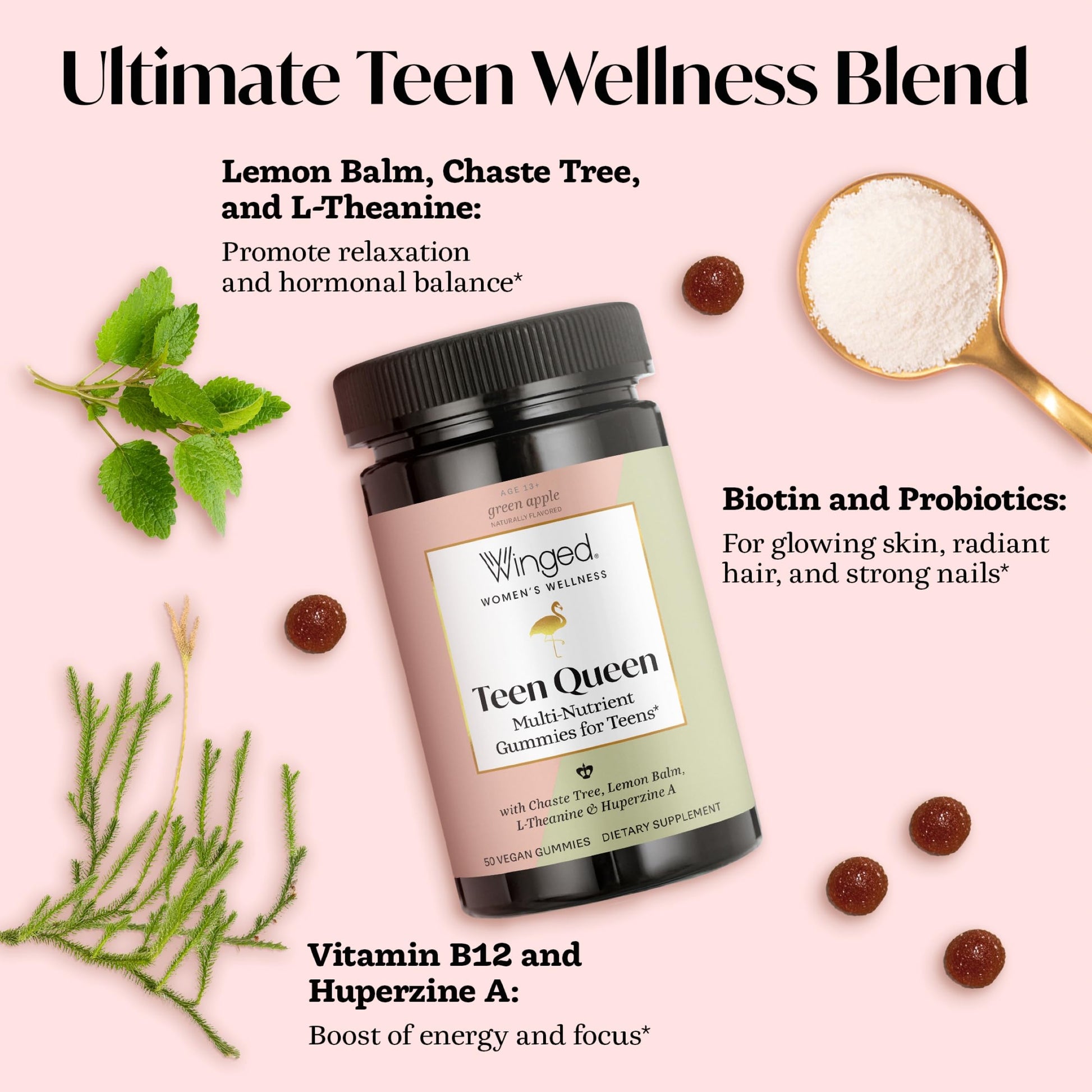 Winged Wellness Multivitamin Gummies for Teen Girls - Teen Vitamins for Mood & Hormonal Health - Vegan Gummy Supplement with Chaste Tree, Lemon Balm, L-Theanine, Probiotics & Biotin - 50 Gummies Winged Wellness buy supplements canada