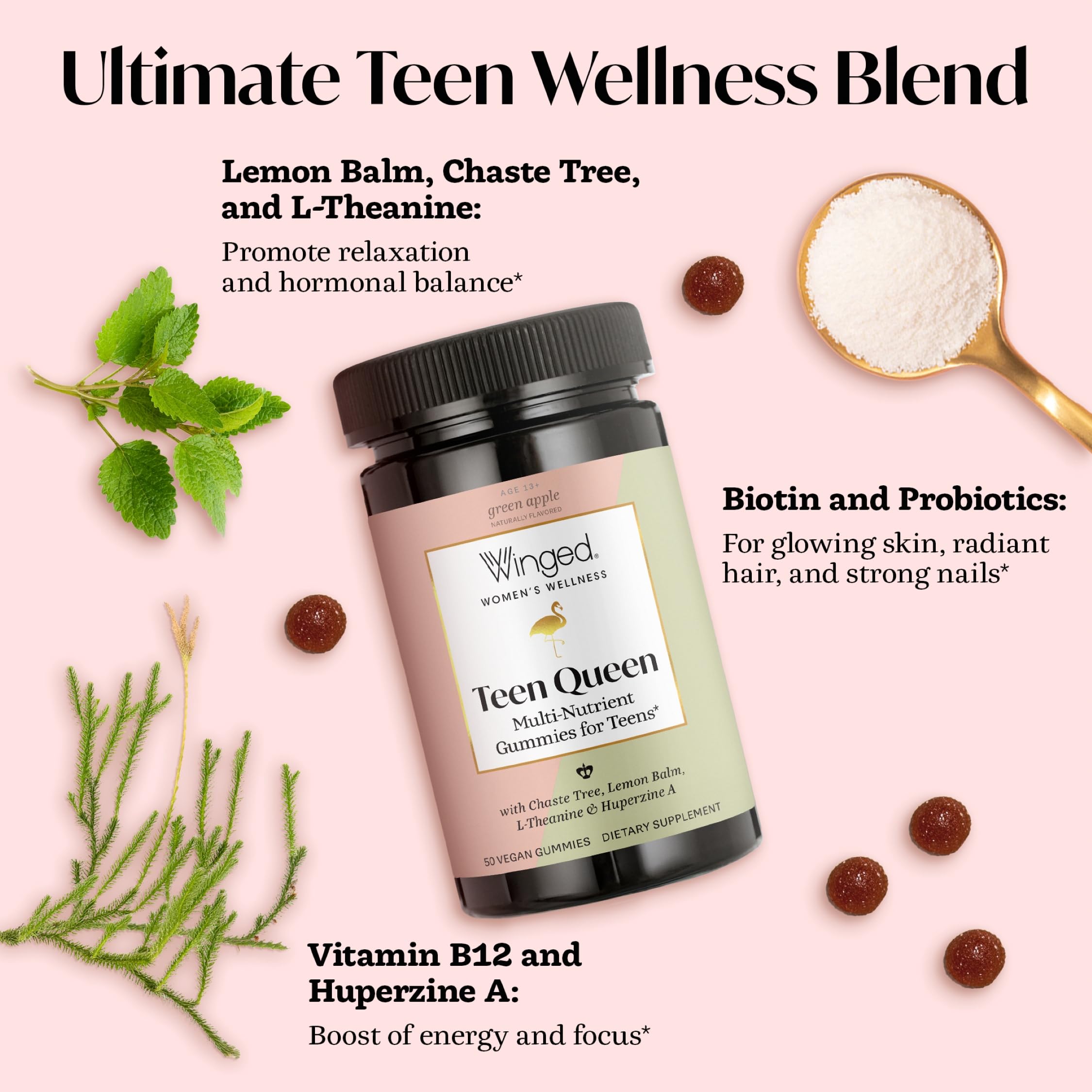 Winged Wellness Multivitamin Gummies for Teen Girls - Teen Vitamins for Mood & Hormonal Health - Vegan Gummy Supplement with Chaste Tree, Lemon Balm, L-Theanine, Probiotics & Biotin - 50 Gummies Winged Wellness buy supplements canada