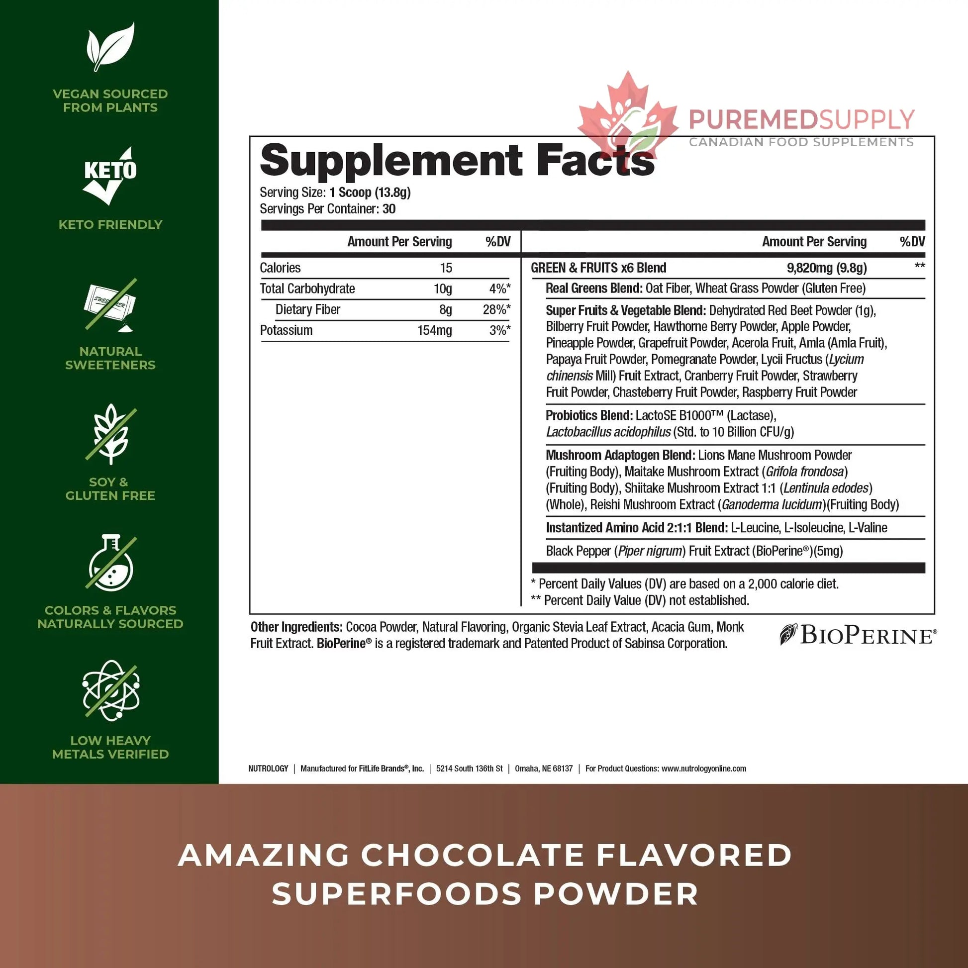 Nutrology Greens & Fruits Powder-Naturally Sourced Superfood, Chocolate (30 Servings) Zen Natural Magnesium Supplement (30 Servings) Nutrology buy supplements canada