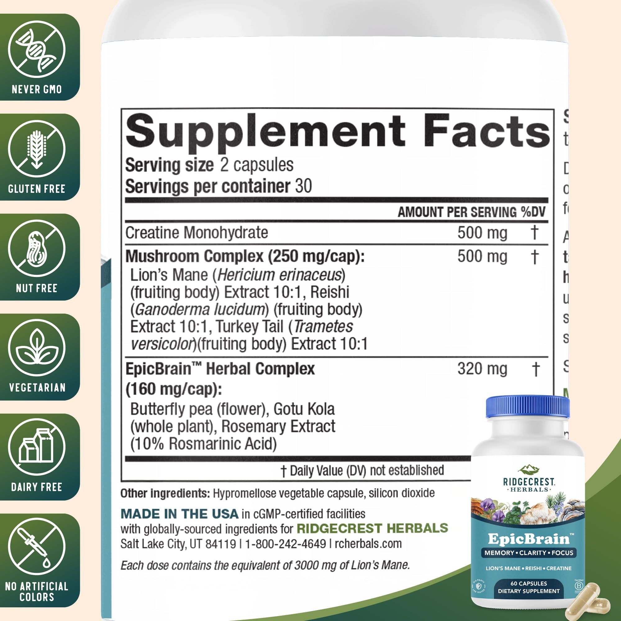 RidgeCrest Herbals EpicBrain, Natural Brain Support Supplement with Creatine Monohydrate, Lion's Mane, Reishi, Supports Mental Clarity, Memory, Focus, Stimulant-Free Nootropic (60 Count, 30 Servings) RidgeCrest Herbals buy supplements canada