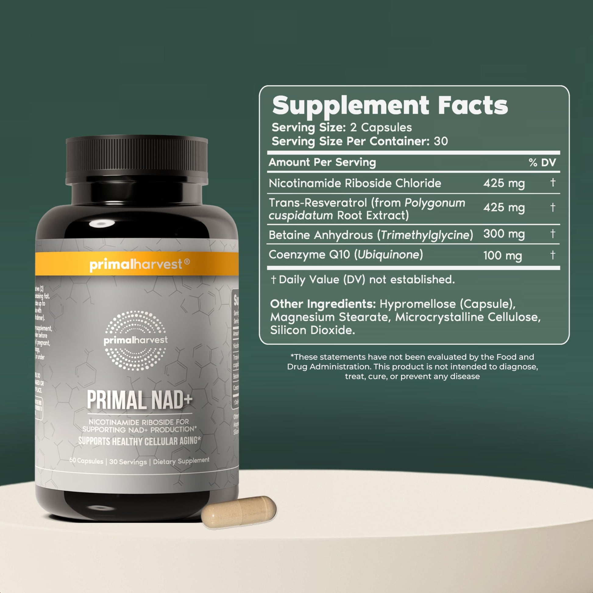 Primal Harvest NAD+ Supplement: Nicotinamide Riboside, Trans-Resveratrol, Betaine, CoQ10, NAD Supplements for Cellular Health, Energy, and Mitochondrial Support (60 Count (1 Pack) Primal Harvest buy supplements canada