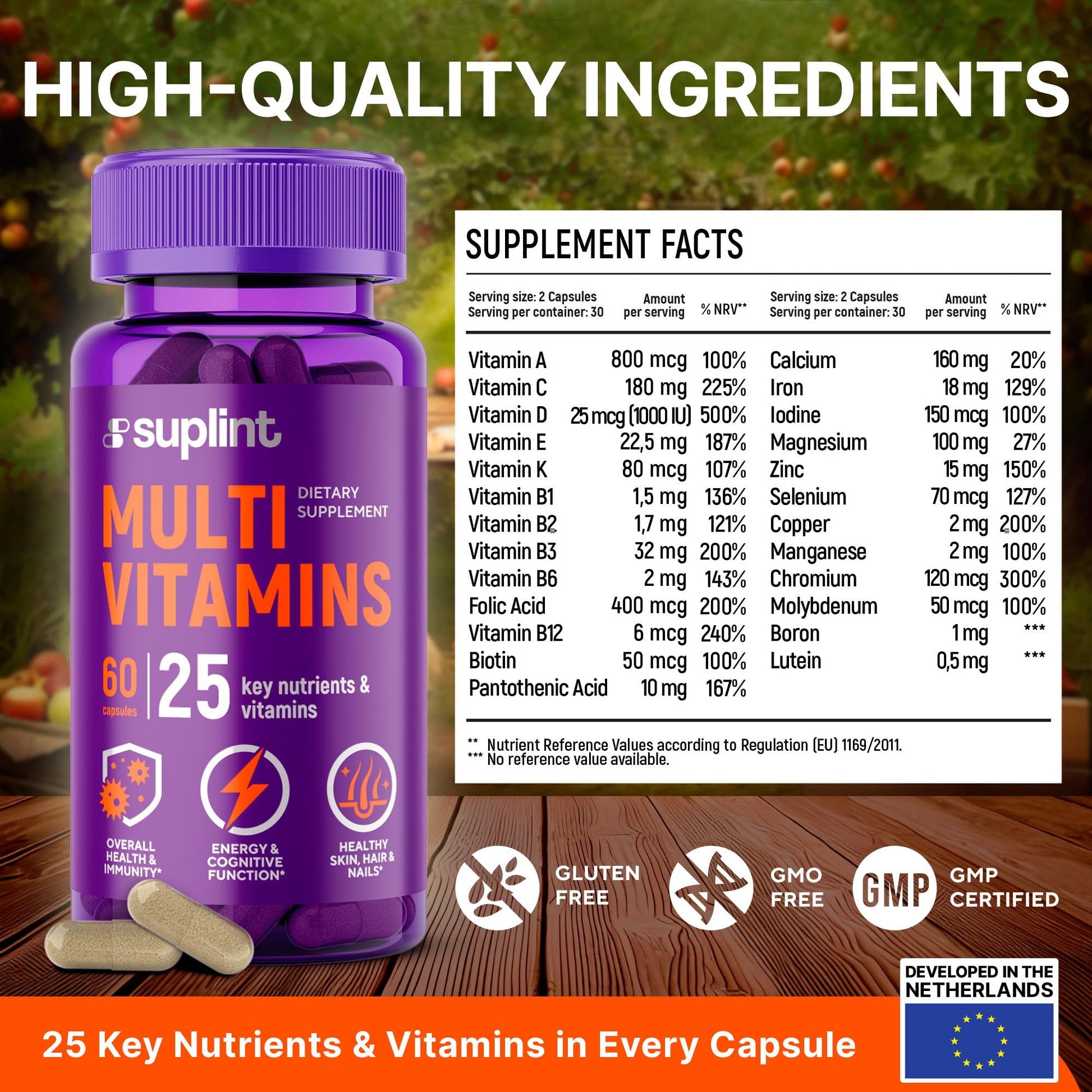 Multivitamin Supplement | Complex with Vitamin A, C, D, E, K1, B, Zinc & Chromium | Hair, Skin & Nail Beauty Vitamins | Immune Support Supplements for Men & Women | 60 Capsules SUPLINT buy supplements canada