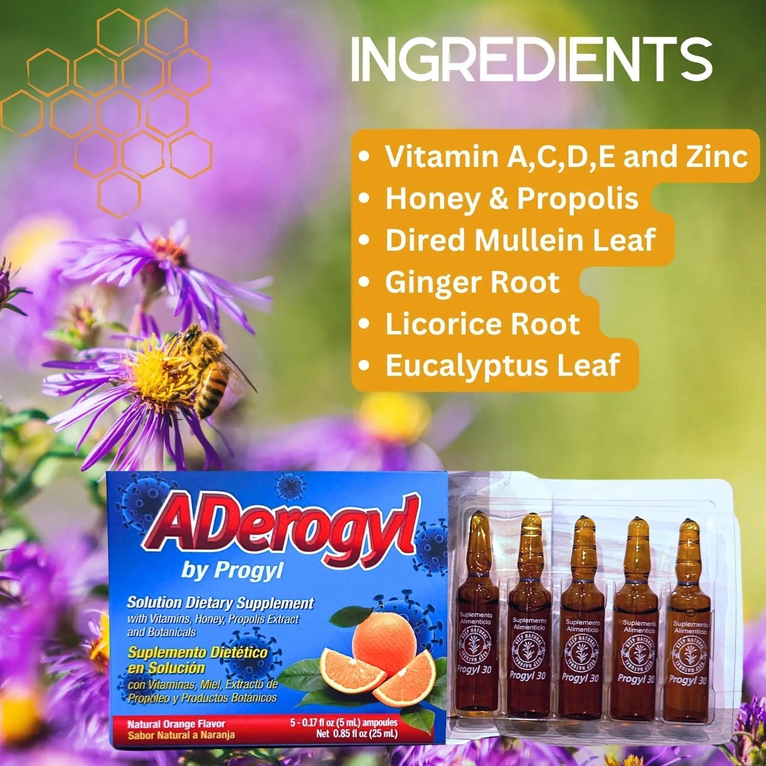 Aderogyl Oral Liquid Vitamins with A, C, D, E, Zinc, Bee Honey, Propolis, and Botanical Extracts - Natural Orange Flavor Aderogyl buy supplements canada