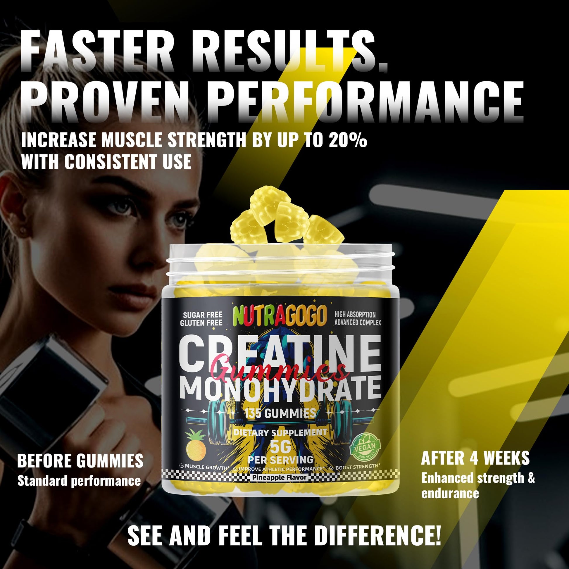 NUTRAGOGO NSF Certified Creatine Gummy - Creatine Monohydrate Gummies for Men & Women-5g of Creatine Monohydrate per Serving - Sugar Free,Vegan, Pineapple Electrolyte Chews, 135 Count NUTRAGOGO buy supplements canada
