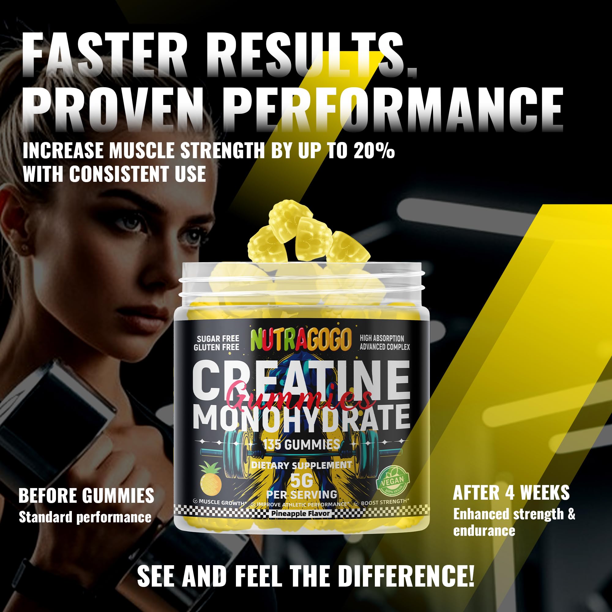 NUTRAGOGO NSF Certified Creatine Gummy - Creatine Monohydrate Gummies for Men & Women-5g of Creatine Monohydrate per Serving - Sugar Free,Vegan, Pineapple Electrolyte Chews, 135 Count NUTRAGOGO buy supplements canada