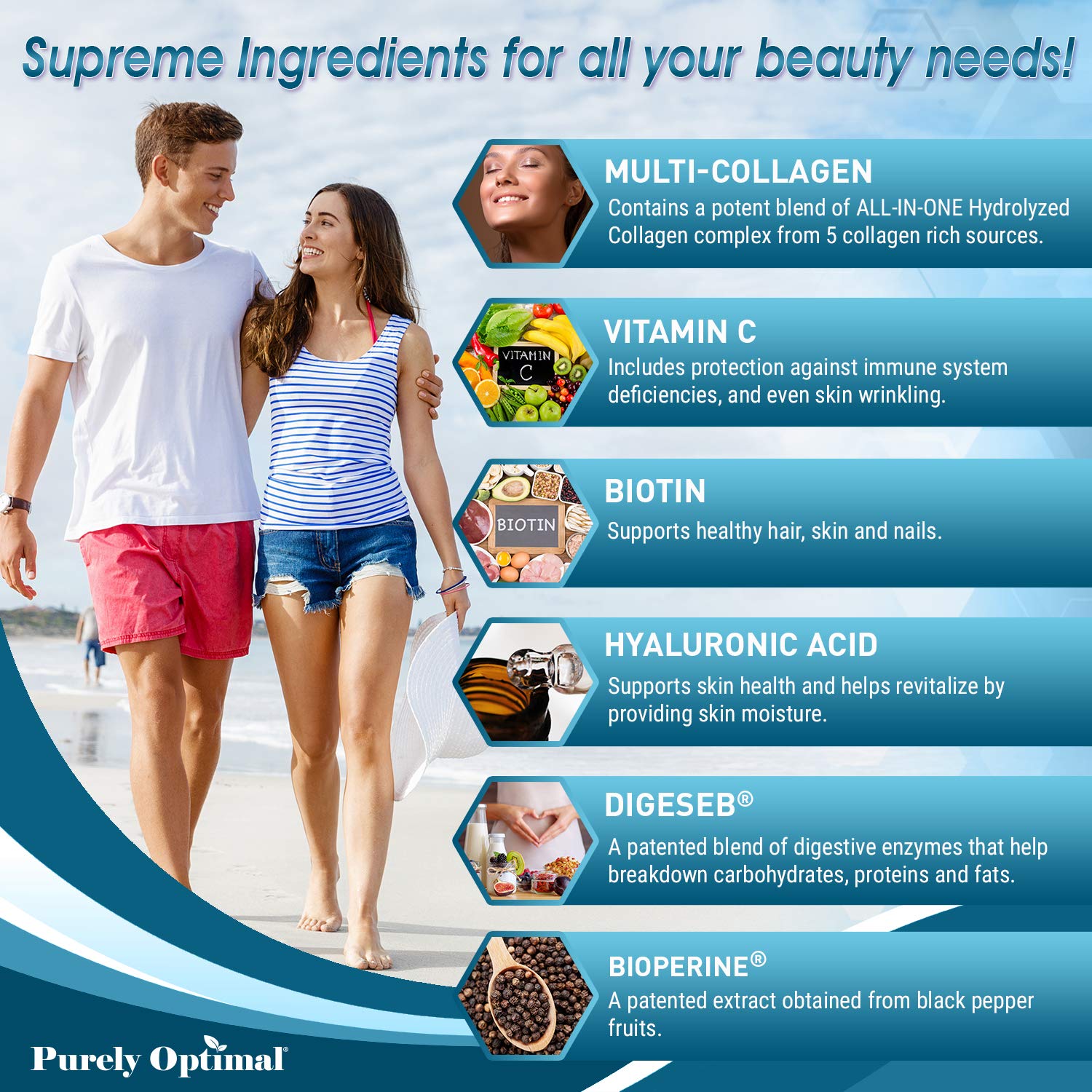 Premium Multi Collagen Peptides (Types I, II, II, V, X) - Collagen Pills for Skin Care, Hair Growth, Nails & Joints - Vitamin C, Hyaluronic Acid Purely Optimal buy supplements canada