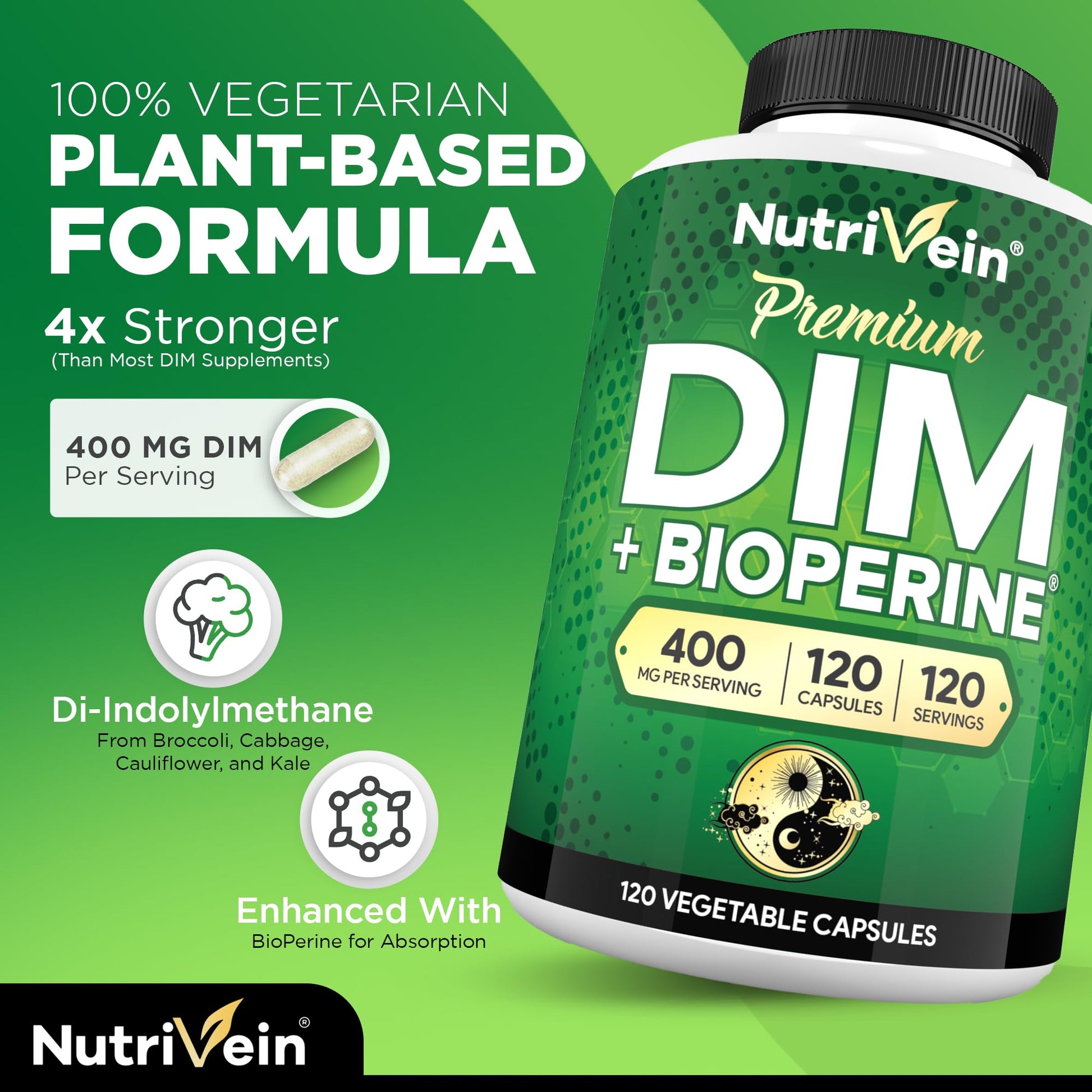 Nutrivein Premium DIM Supplement 400 mg Daily - 120 Servings (120 Capsules): Diindolylmethane for Women and Men - Plus Bioperine - Estrogen Supplement - Menopause and Middle Age Support Nutrivein buy supplements canada