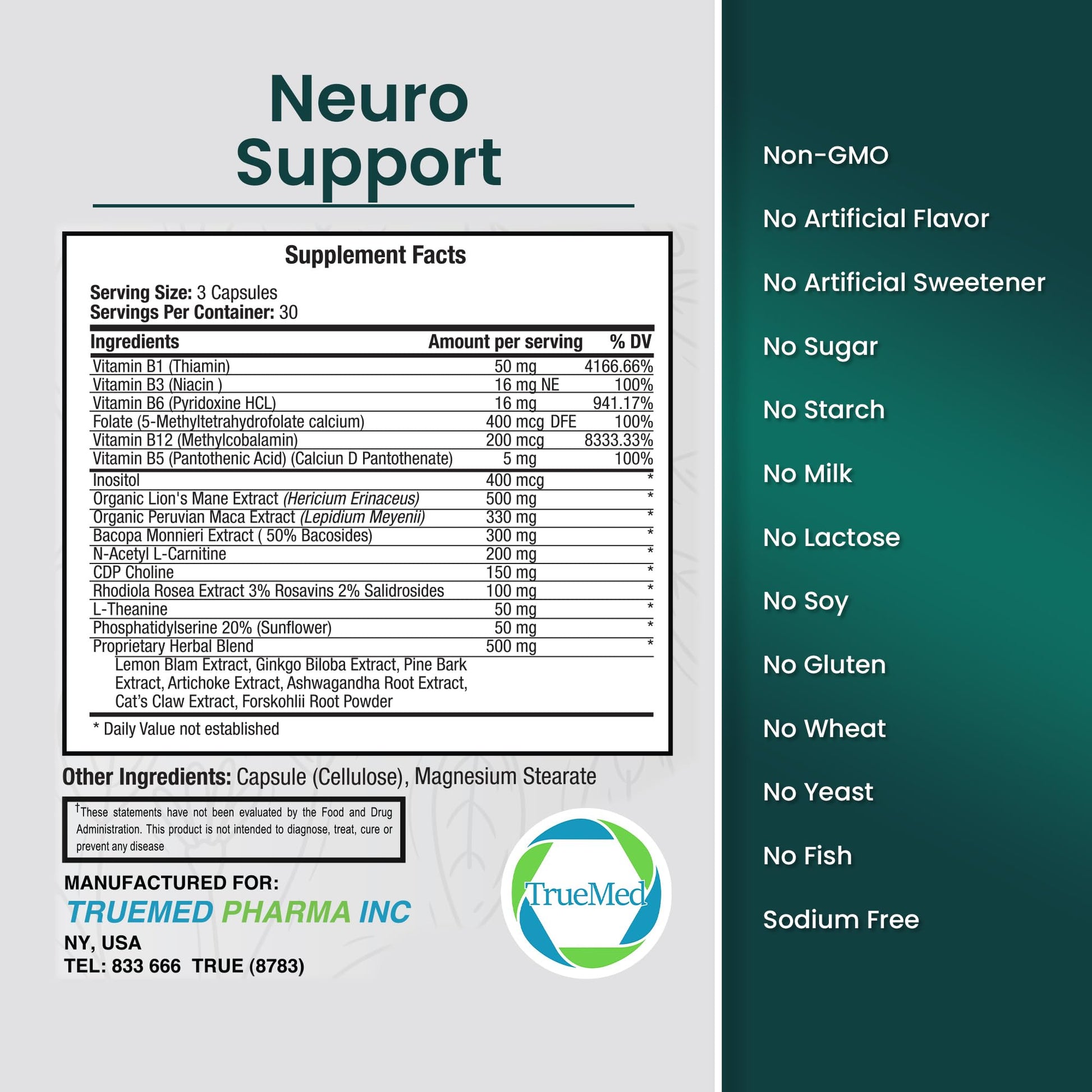 TrueMed Neuro Support - Premium Nootropic Supplement for Focus, Energy, Mental Clarity, and Performance Organic Lion’s Mane, Bacopa Monnieri, Rhodiola, Non-GMO Gluten-Free CDP Choline 90 Veg Capsules TRUEMED buy supplements canada