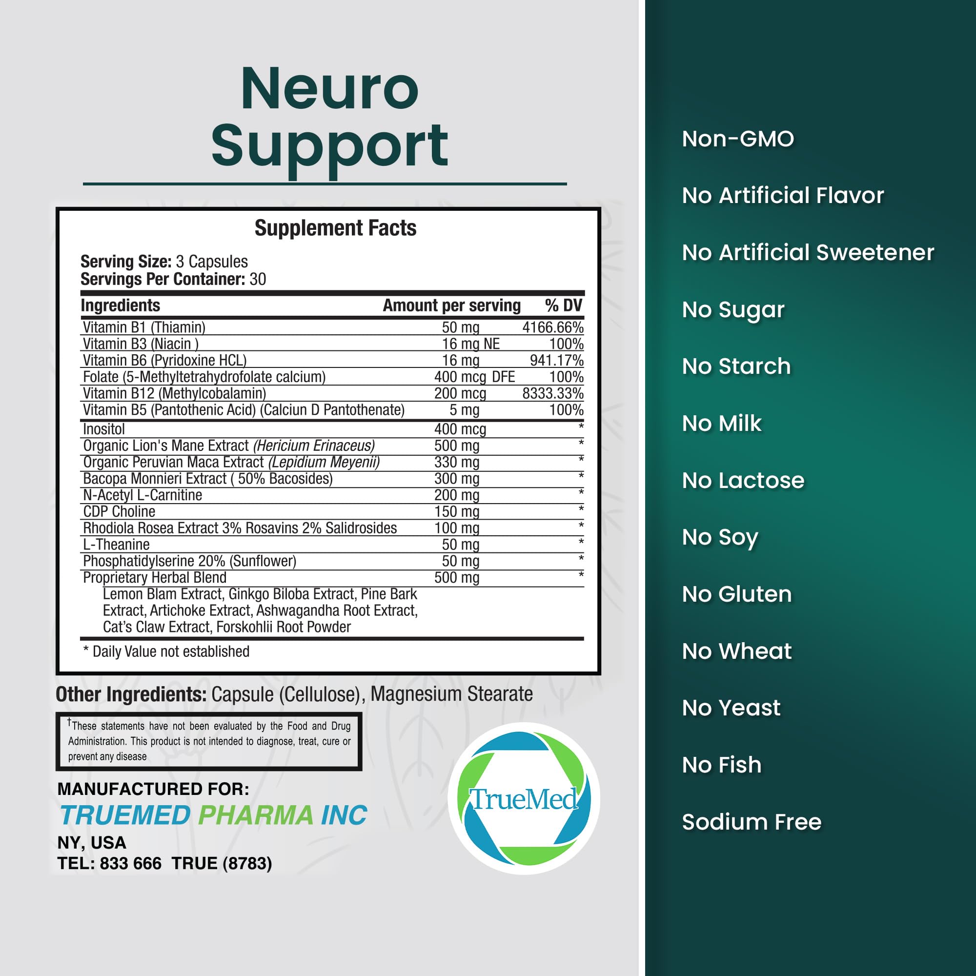 TrueMed Neuro Support - Premium Nootropic Supplement for Focus, Energy, Mental Clarity, and Performance Organic Lion’s Mane, Bacopa Monnieri, Rhodiola, Non-GMO Gluten-Free CDP Choline 90 Veg Capsules TRUEMED buy supplements canada
