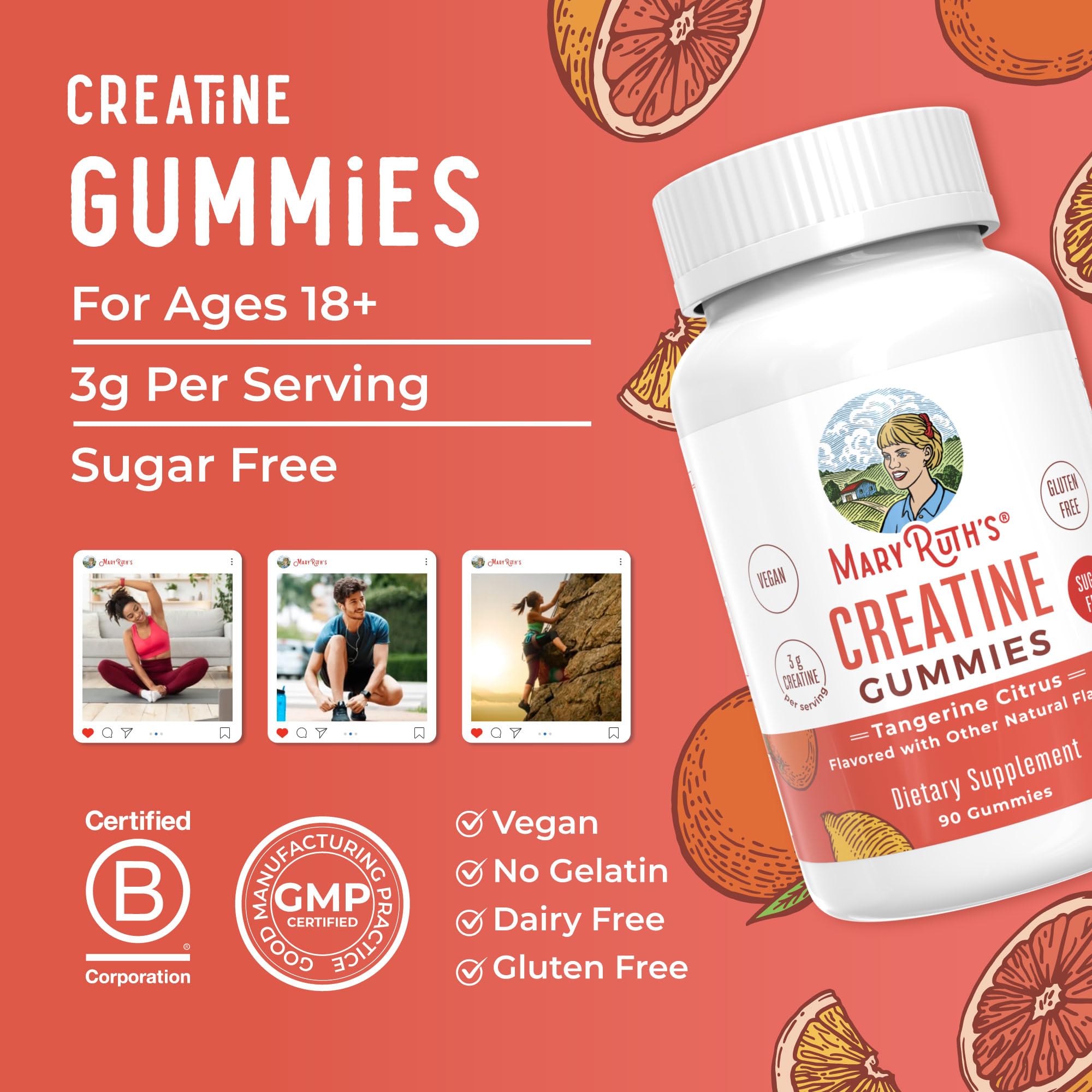 MaryRuth's Creatine Gummies | Creatine Monohydrate Gummies | 3g Creatine Per Serving | Creatine for Women & Men | Tangerine Citrus Flavor | Exercise | Workout | Sugar Free | Vegan | 90 Count MARYRUTH'S buy supplements canada
