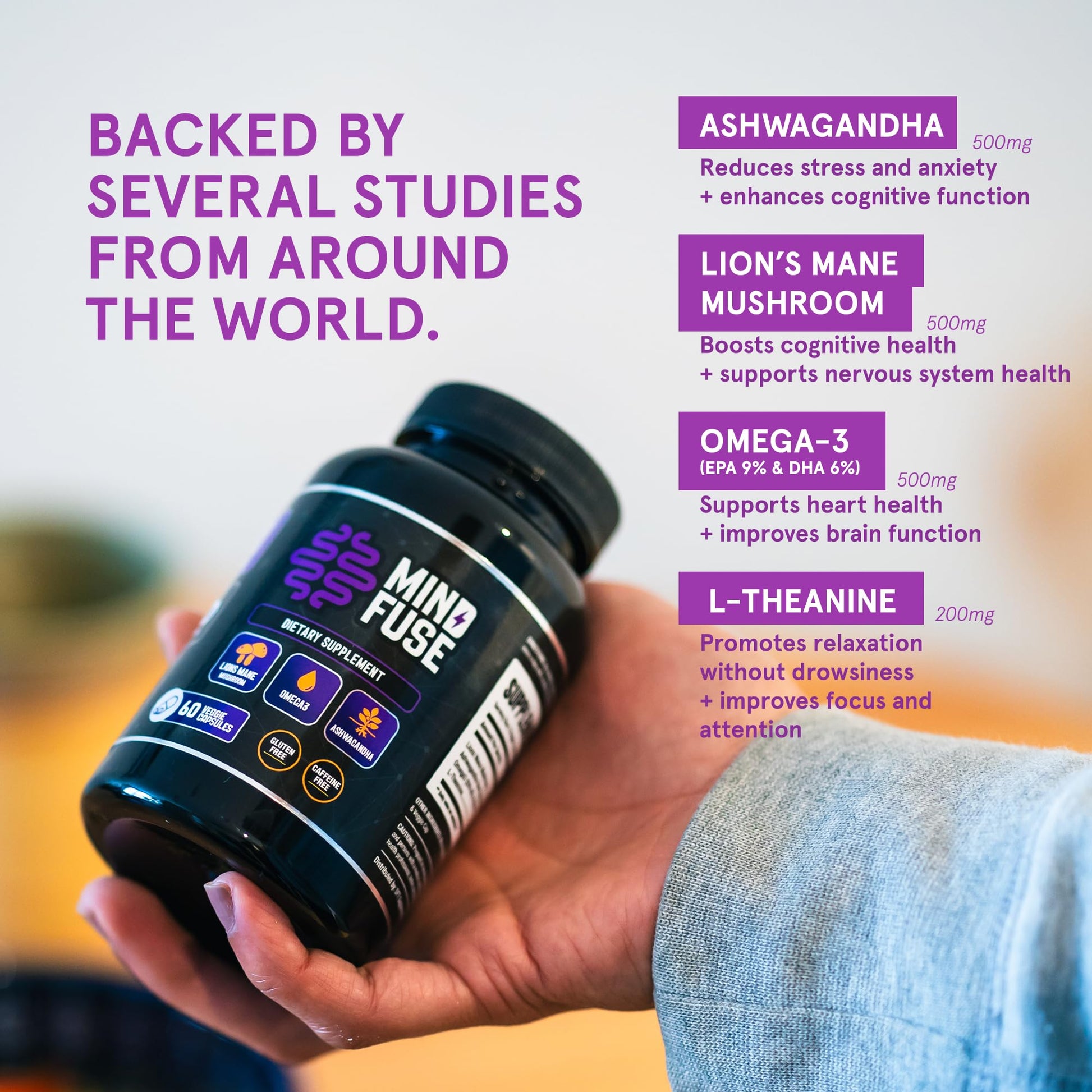 Nootropic Memory Booster Supplement for Adults - Lion’s Mane Capsules with Omega-3, Ashwagandha & L-Theanine for Focus & Memory - Gluten-Free 60 Capsules Mind Fuse buy supplements canada