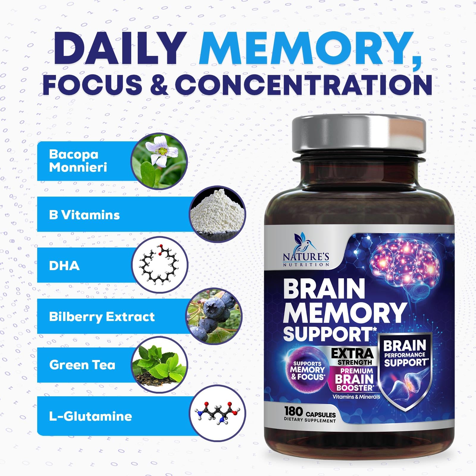 Brain Memory Supplement Pills - 3X Strength Nootropics for Concentration, Clarity & Focus Support - Brain Health Cognitive Vitamins with Bacopa, Phosphatidylserine & DMAE, Brain Booster - 180 Capsules Nature's Nutrition buy supplements canada