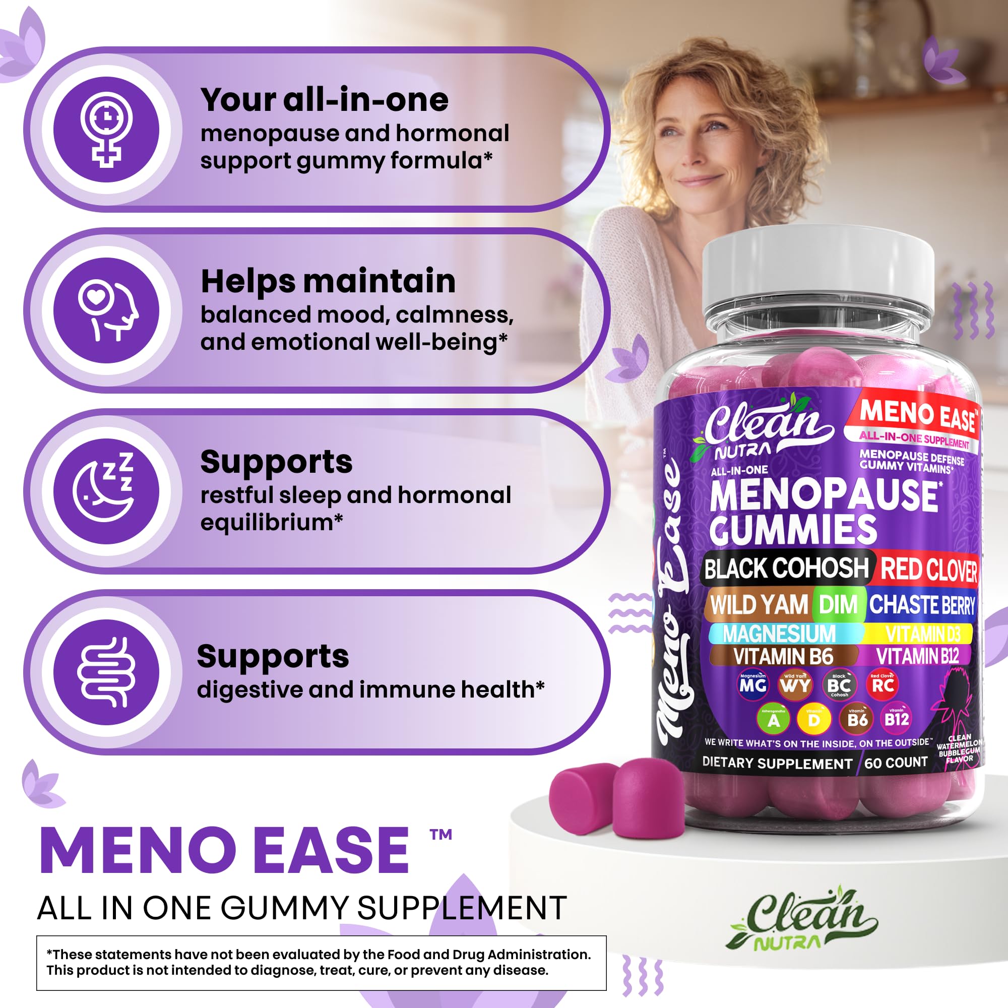 Menopause Supplement for Women Gummies with Black Cohosh, Wild Yam, DIM, Magnesium, Red Clover Chasteberry for Hormone Balance Relief Night Sweats Mood Plus Bergamot, Vitamin D3, Vitamin B6 B12 Clean Nutraceuticals buy supplements canada