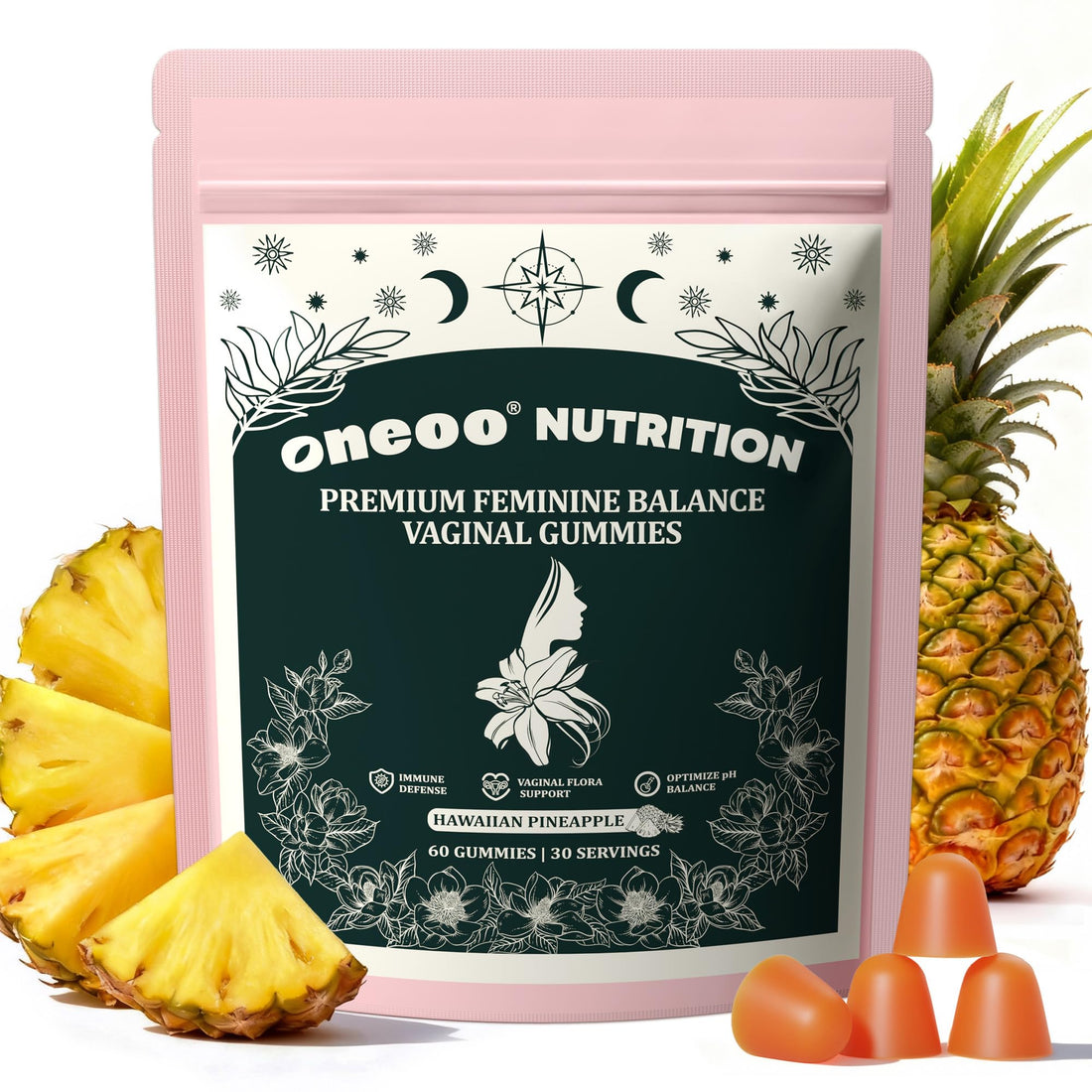 Oneoo Feminine Balance Gummies - Premium Balance Gummies for Women's pH Health, Feminine Gummy for Immune & Energy Support, Vegan, Gluten-Free, Hawaiian Pineapple, 60 Count Oneoo buy supplements canada