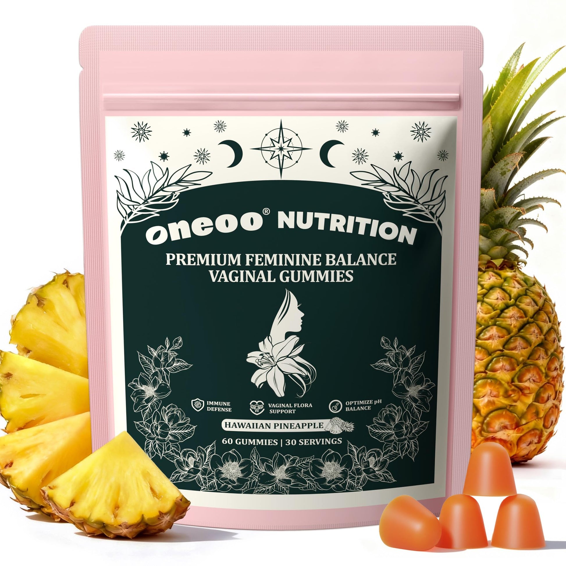 Oneoo Feminine Balance Gummies - Premium Balance Gummies for Women's pH Health, Feminine Gummy for Immune & Energy Support, Vegan, Gluten-Free, Hawaiian Pineapple, 60 Count Oneoo buy supplements canada