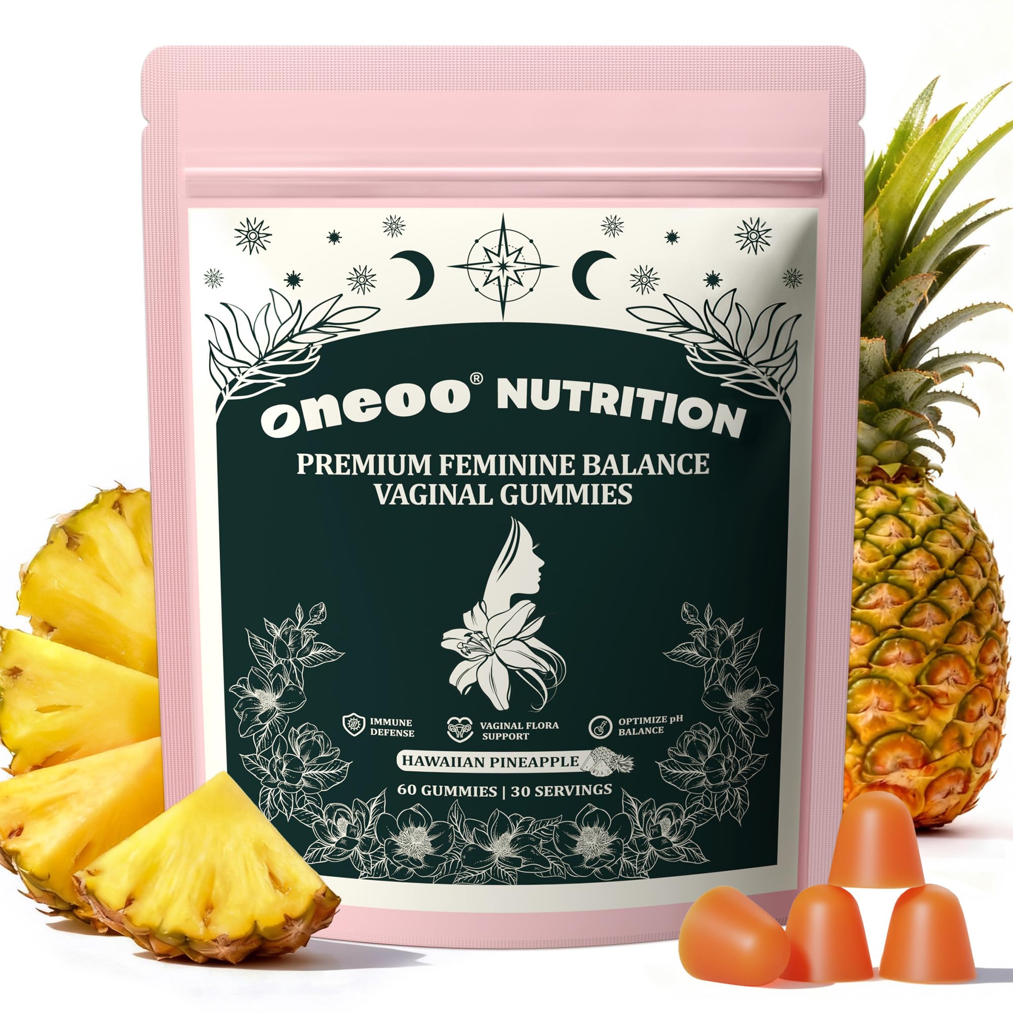 Oneoo Feminine Balance Gummies - Premium Balance Gummies for Women's pH Health, Feminine Gummy for Immune & Energy Support, Vegan, Gluten-Free, Hawaiian Pineapple, 60 Count Oneoo buy supplements canada