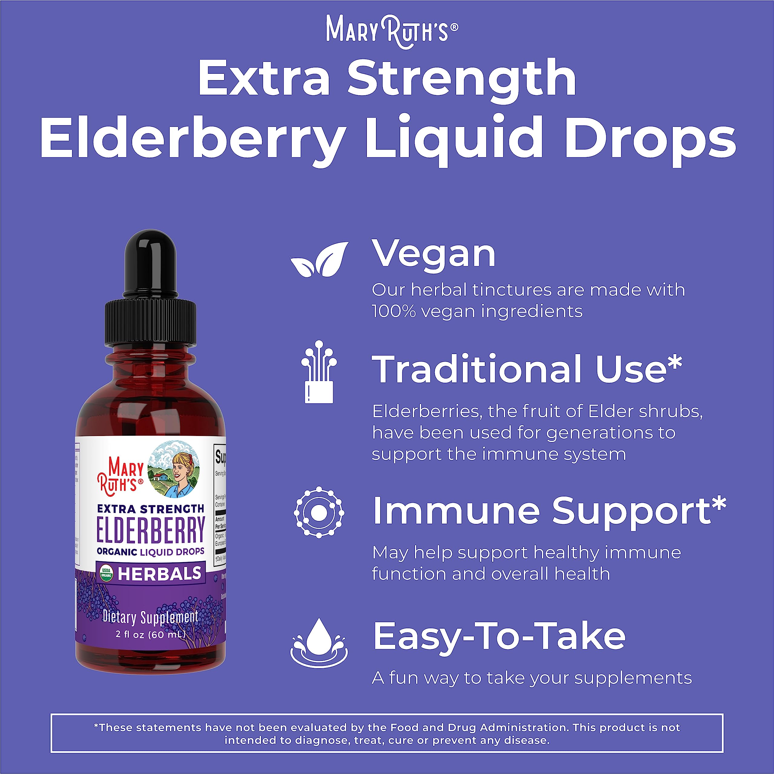 MaryRuth Organics Elderberry Syrup Extra Strength, USDA Organic Elderberry, Sugar Free Adults & Kids Immune Support Supplement for Ages 1+, Clean Label Project Verified®, Vegan, Gluten Free, 2 Fl Oz MARYRUTH'S buy supplements canada
