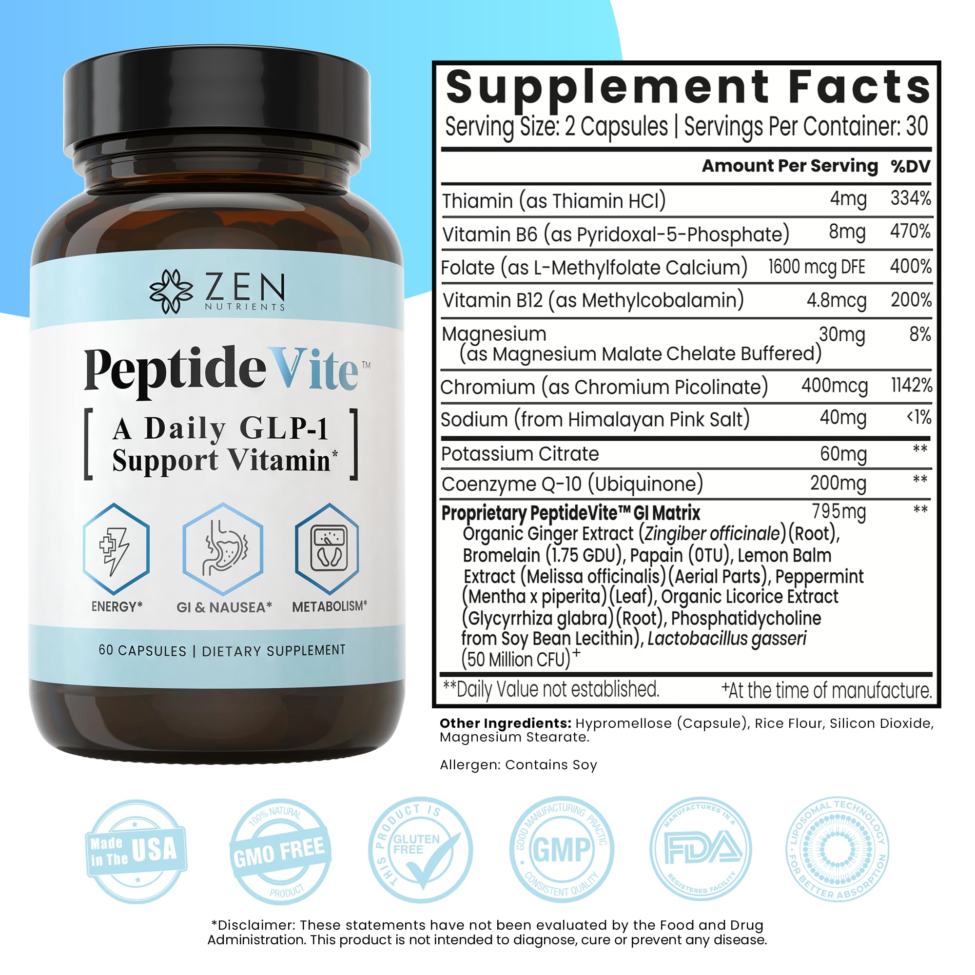 Zen Nutrients PeptideVite GLP-1 Support Vitamin for Gut Health with Probiotics, Bromelain, Chromium Picolinate & Organic Ginger (60 Capsules) Zen Nutrients buy supplements canada
