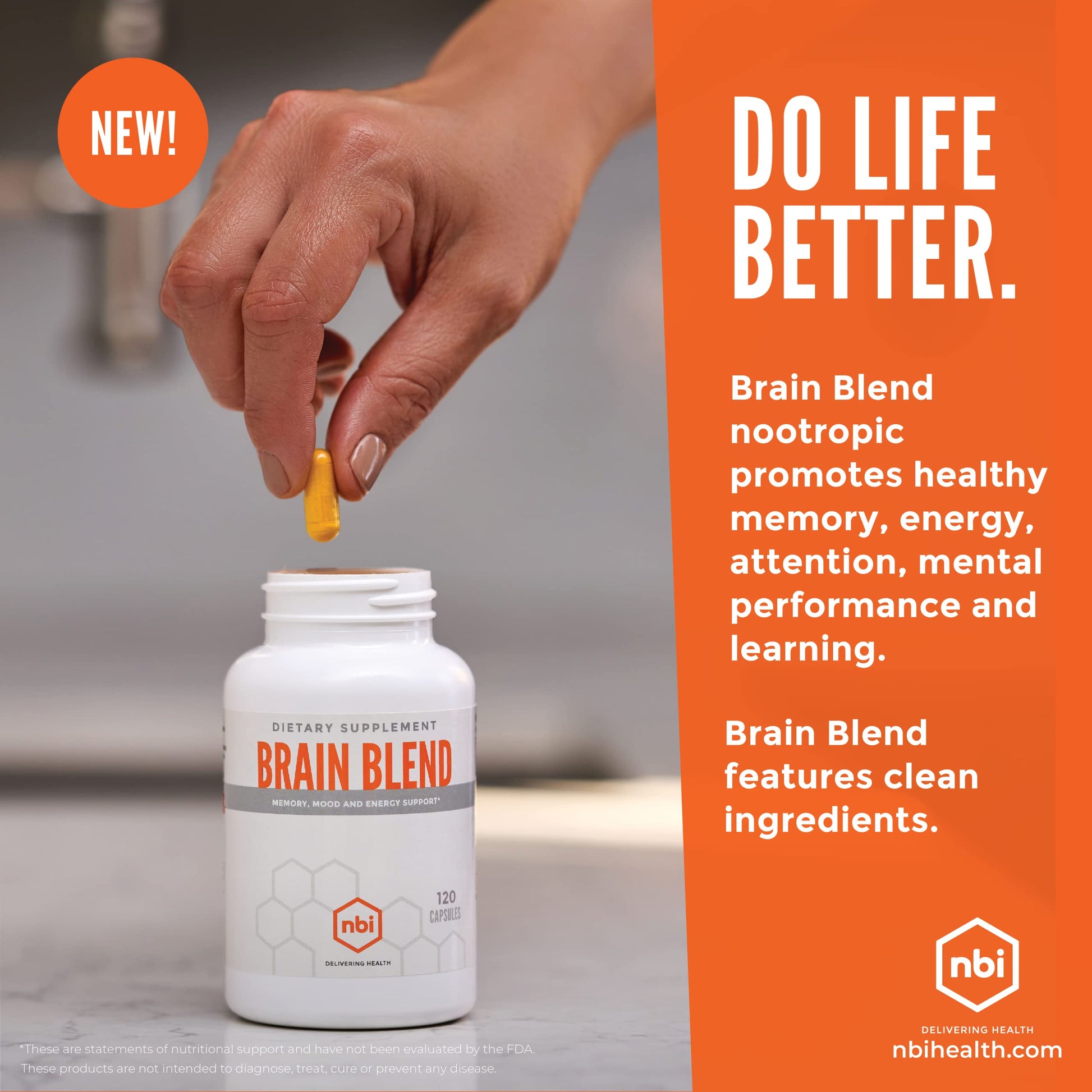 NBI Brain Blend for Memory, Focus, Concentration, Cognitive Function for Men & Women | Caffeine-Free with ALCAR, Alpha Lipoic Acid, Huperzine A, Turmeric | Nootropic | 120ct Capsules NBI buy supplements canada