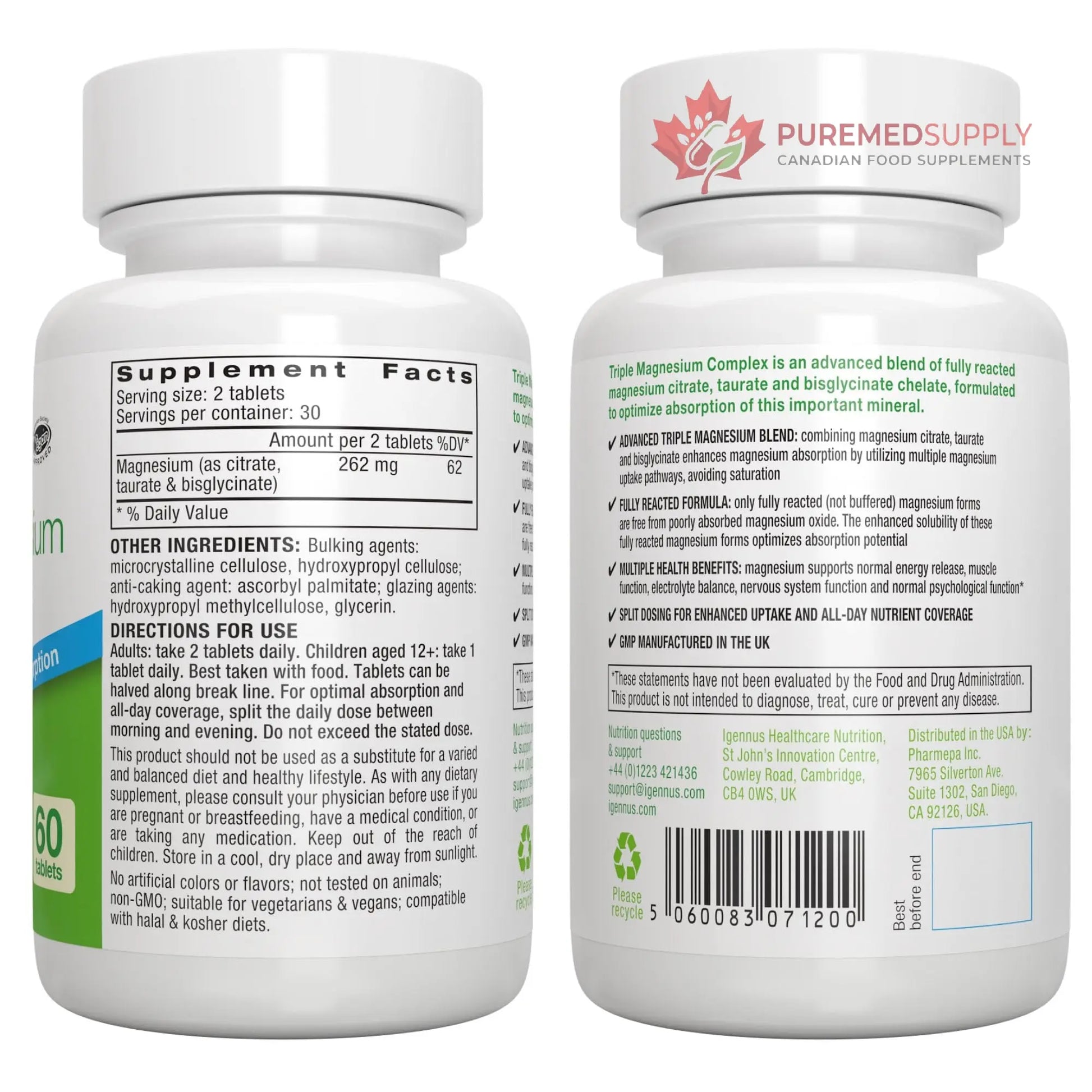 Igennus Superior Triple Magnesium Complex, Fully Reacted & Chelated Glycinate, Taurate & Citrate, Clean Label, High Bioavailability & Absorption, 60 Tablets, Vegan, Non-Buffered Igennus Healthcare Nutrition buy supplements canada