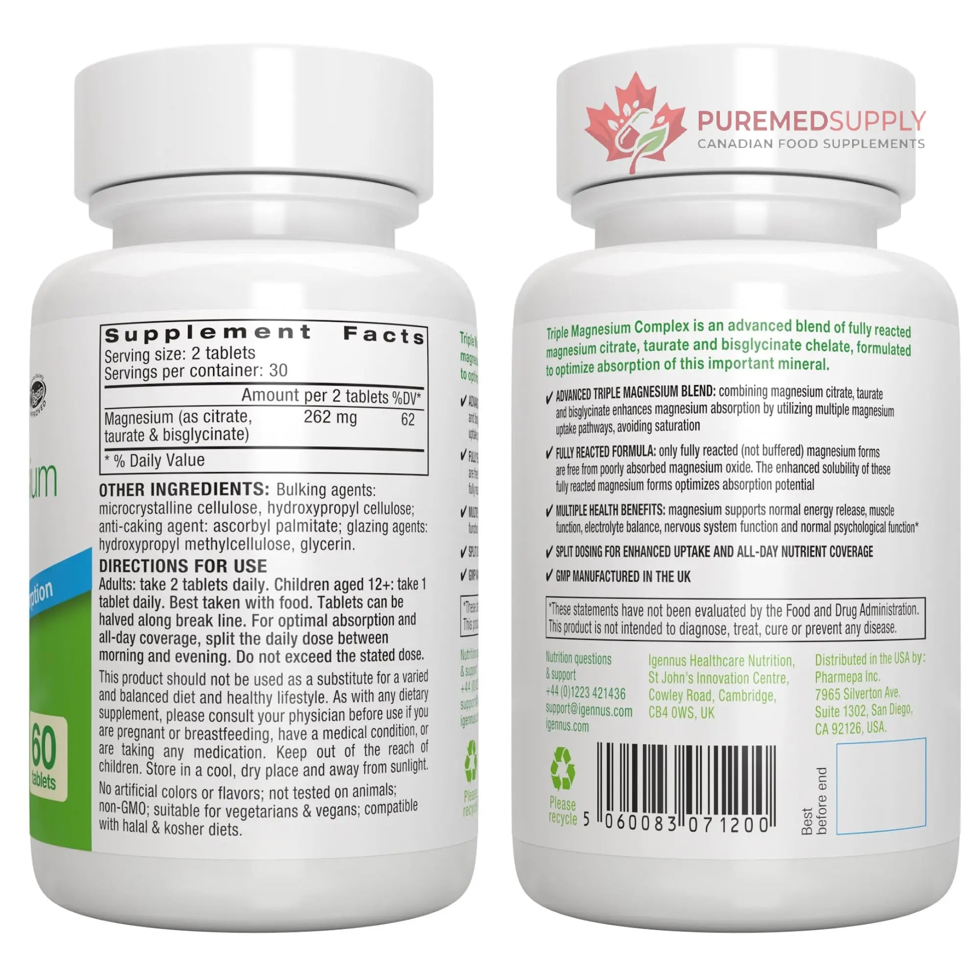 Igennus Superior Triple Magnesium Complex, Fully Reacted & Chelated Glycinate, Taurate & Citrate, Clean Label, High Bioavailability & Absorption, 60 Tablets, Vegan, Non-Buffered Igennus Healthcare Nutrition buy supplements canada