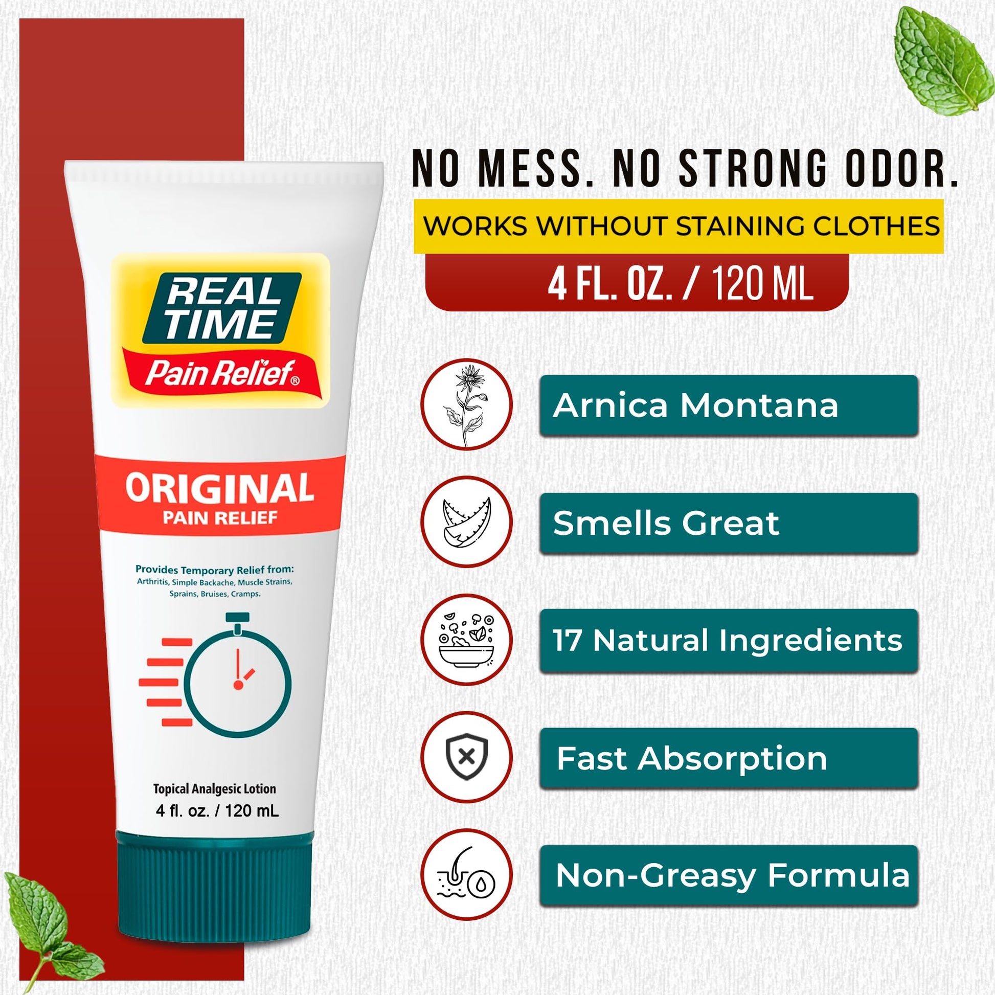 Real Time Pain Relief Cream 4oz Tube | 17 Natural Ingredients: 1.25% Menthol, Arnica & MSM | Muscle Strain & Joint Discomfort Relief for Arthritis, Cramps, Sprains, Bruises, Hands, Back & Knee Pain Real Time Pain Relief buy supplements canada