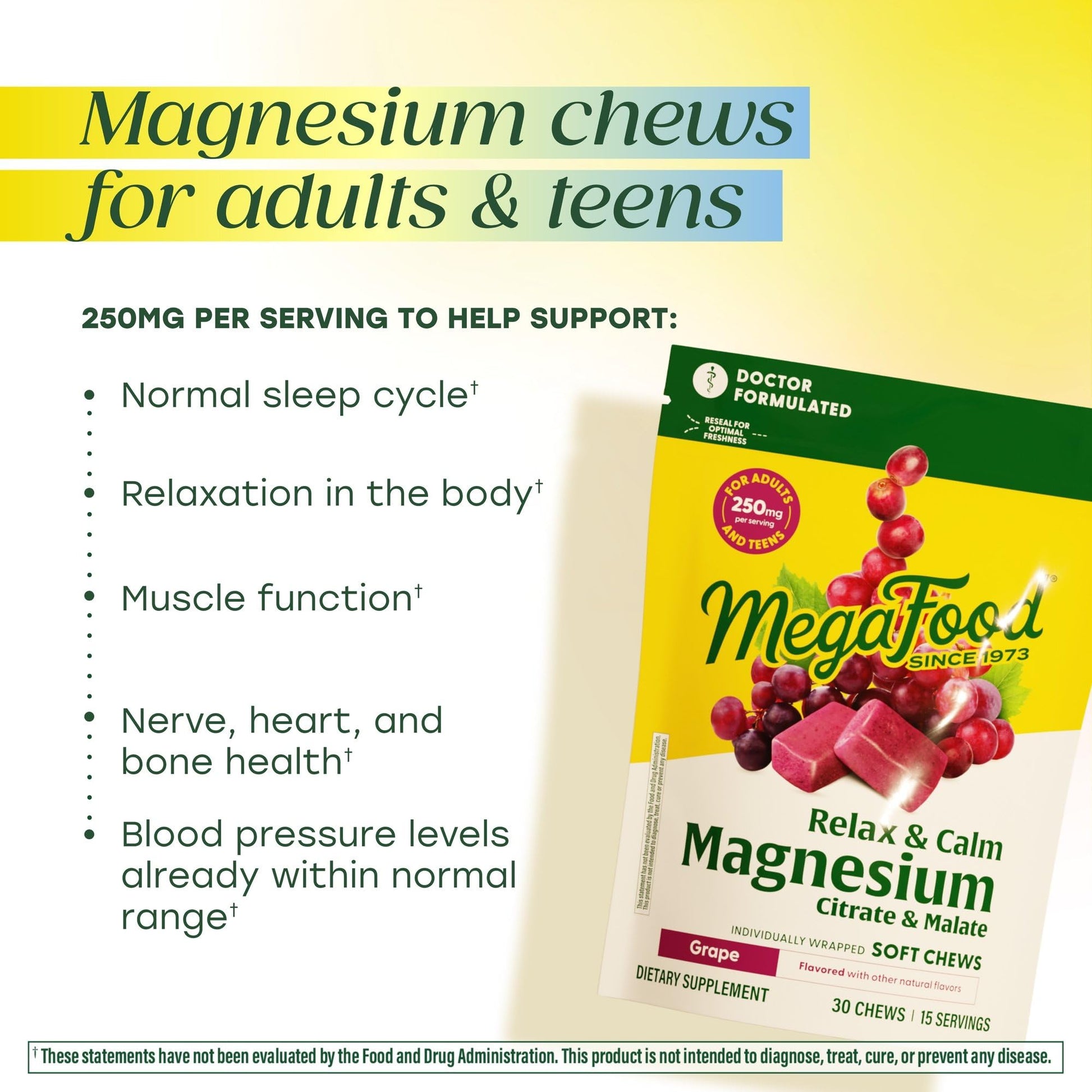 MegaFood Relax + Calm Magnesium Complex with Magnesium Citrate & Malate for Heart Health, Muscle Tension & More – Doctor Formulated - Vegetarian – Grape Flavor - 30 Soft Chews (15 Servings) MegaFood buy supplements canada