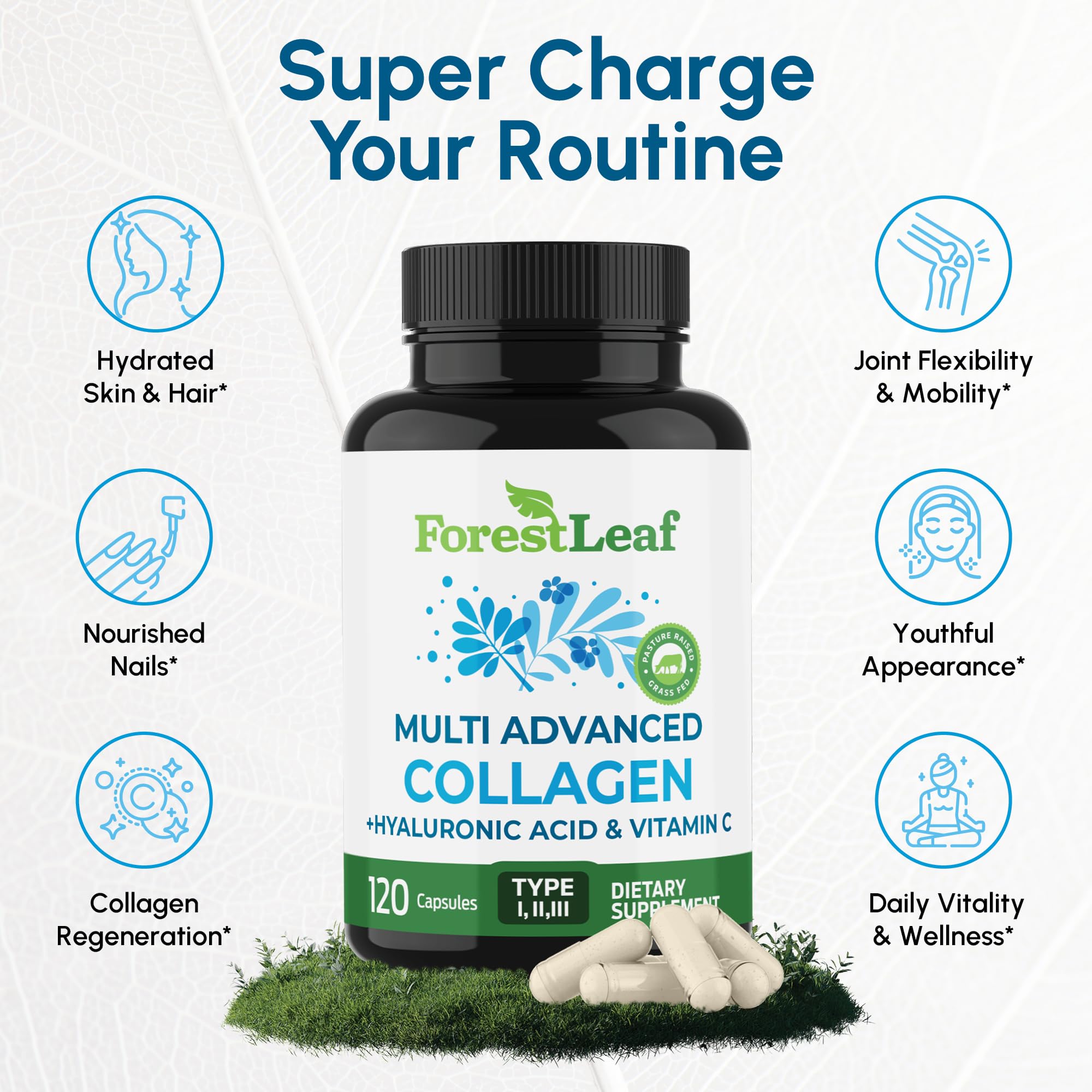 ForestLeaf Multi Collagen Pills with Hyaluronic Acid + Vitamin C | Hydrolyzed Collagen Supplements for Women or Men | Multi Collagen Capsules Peptides for Skin, Wrinkles, 120 Caps ForestLeaf buy supplements canada
