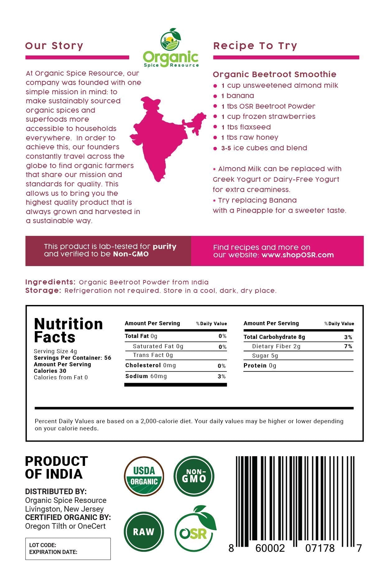 Organic Beet Root Powder | 8 oz or 226g | USDA Organic Approved, Raw and Non GMO Organic Spice Resource buy supplements canada